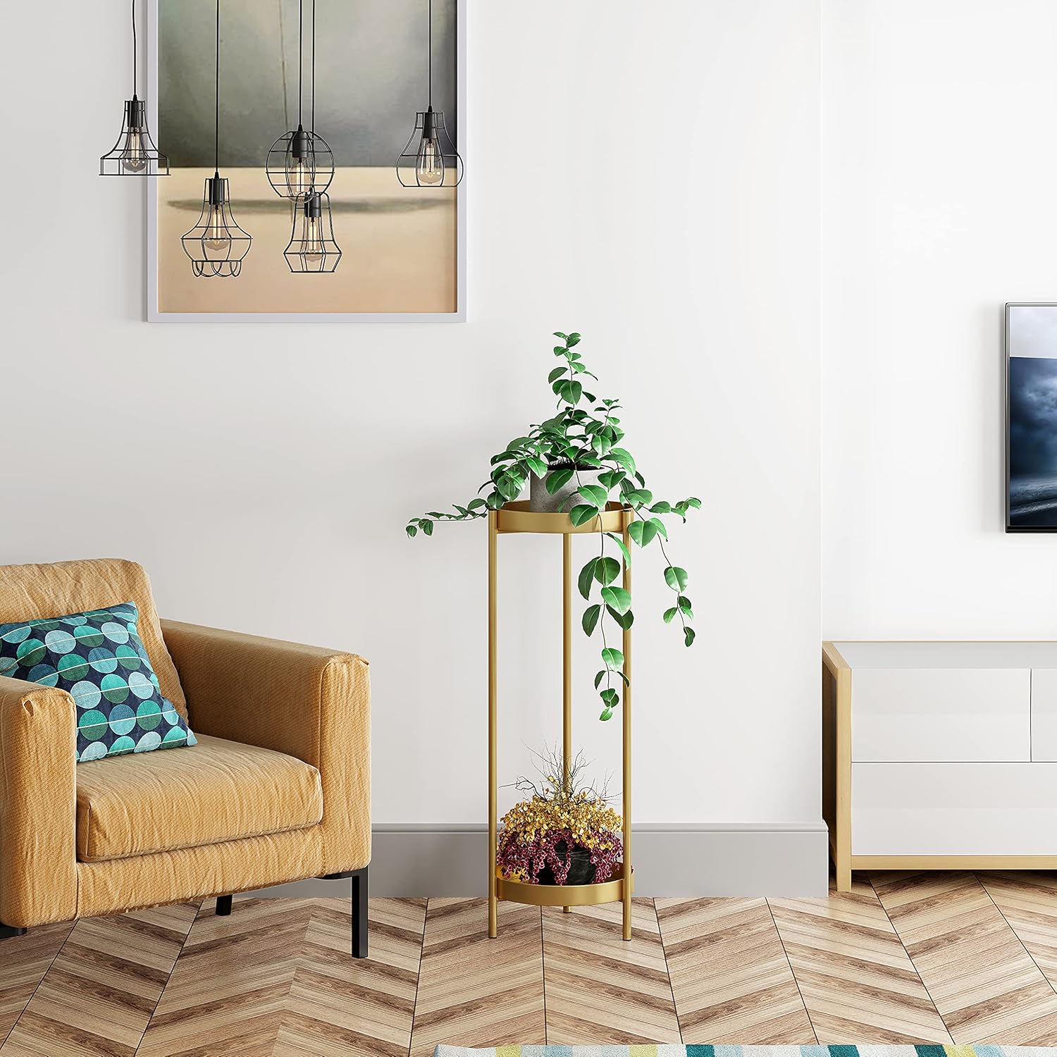 2 Tier Metal Flower Plants Holder with 2 Removable Display for Indoor or Outdoor,Pot Plant Planter Display (Gold 2P)