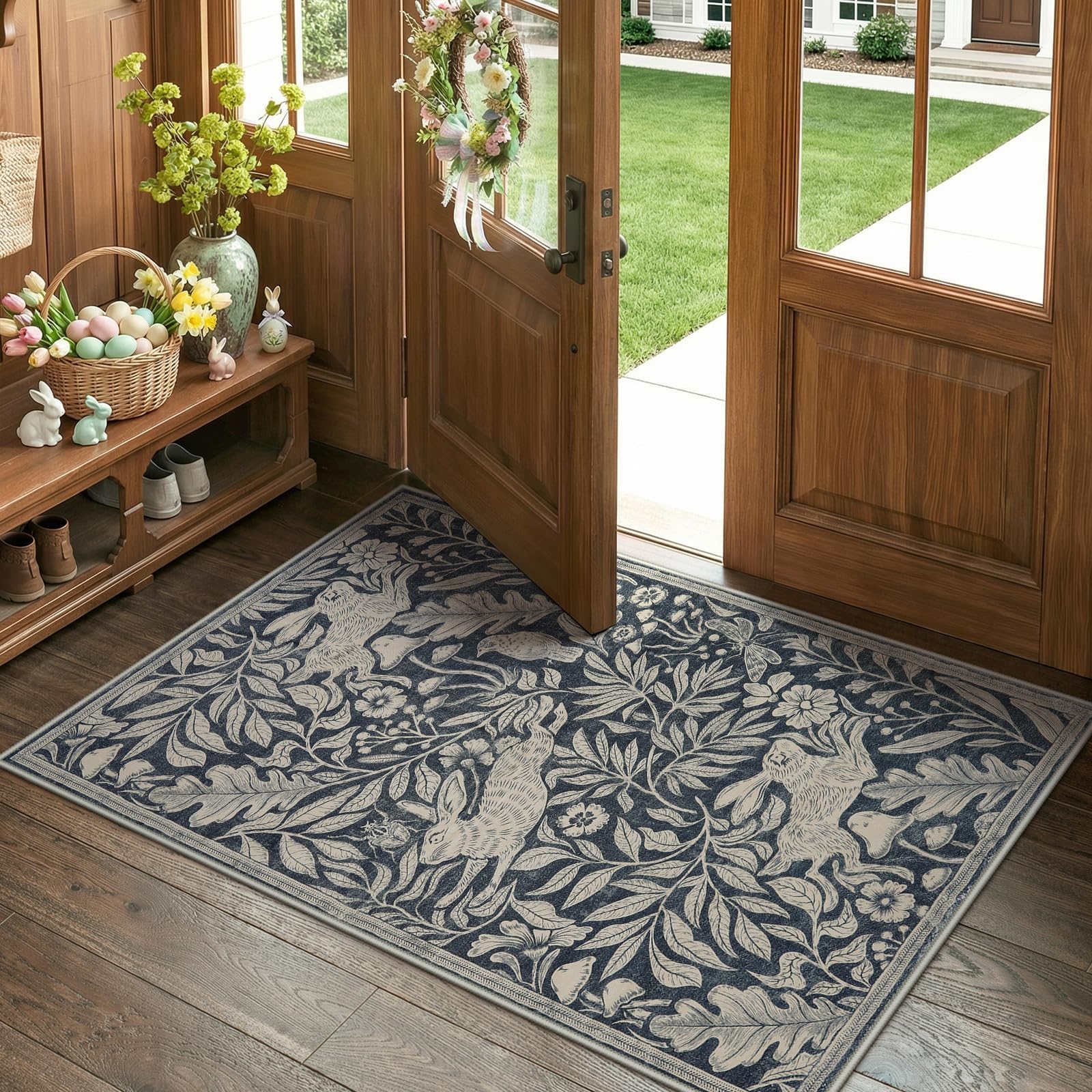 Lahome Nadine Forest Rabbit Indoor Rugs for Entryway, Animal Soft Washable Bedroom Easter Rug 3x5, Whimsical Woodland Dark Gray Carpet for Living Room