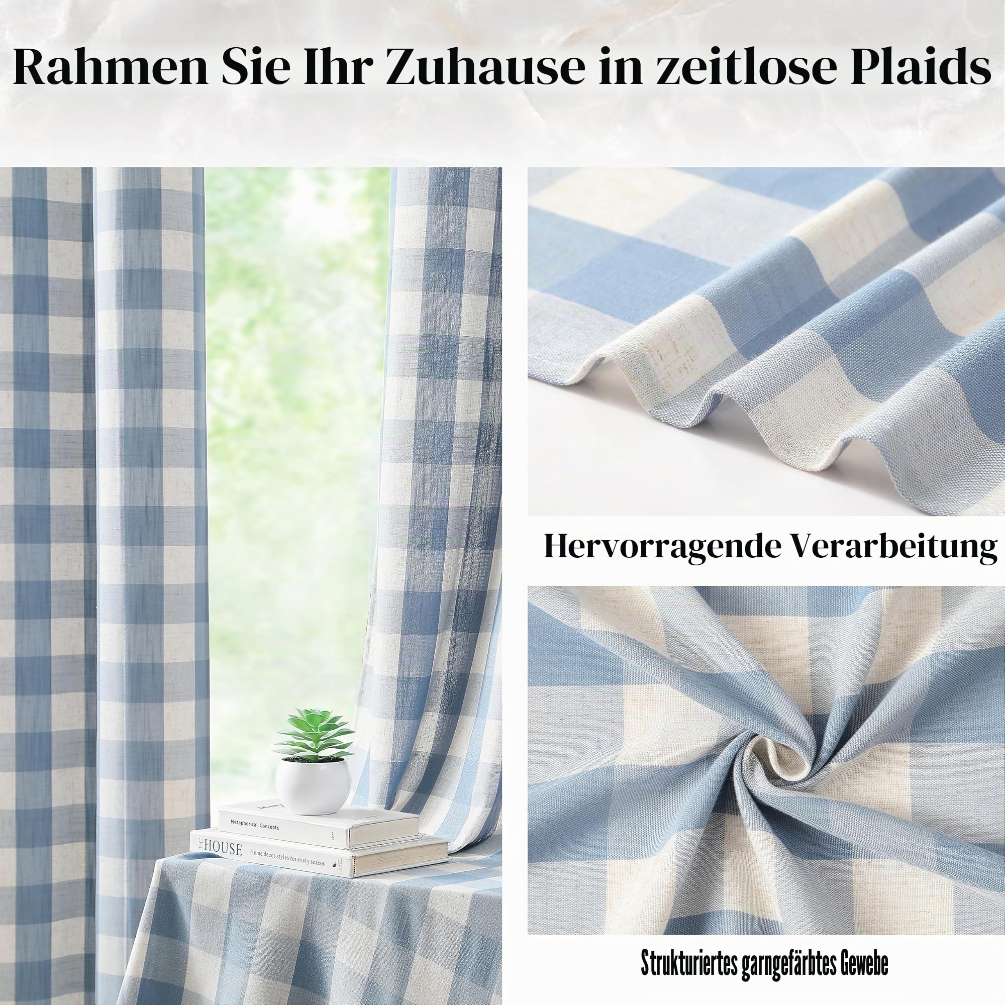 BP-CK-Blue-84RP Büffelkarierte halbtransparente Vorhänge, 213 cm lang, Leinen, staubiges blaues Büffelkaro, Vorhänge für Schlafzimmer, Wohnzimmer, Bauernhaus, Gingham-Fensterbehandlung
