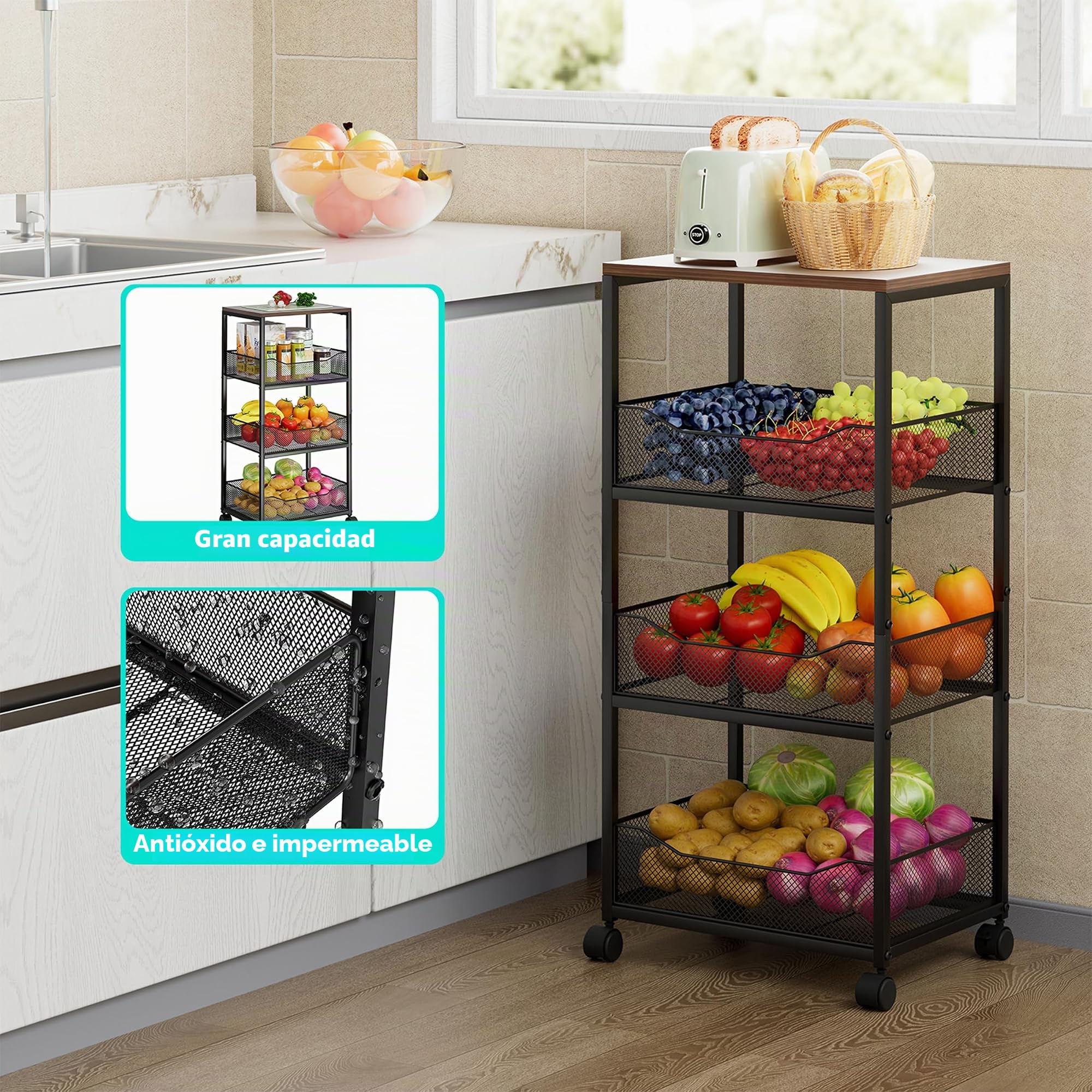 HapiRm Cesta de Frutas para Cocina, Carrito de Almacenamiento rodante de 4 Niveles con Ruedas, Cesta de Frutas y Verduras con