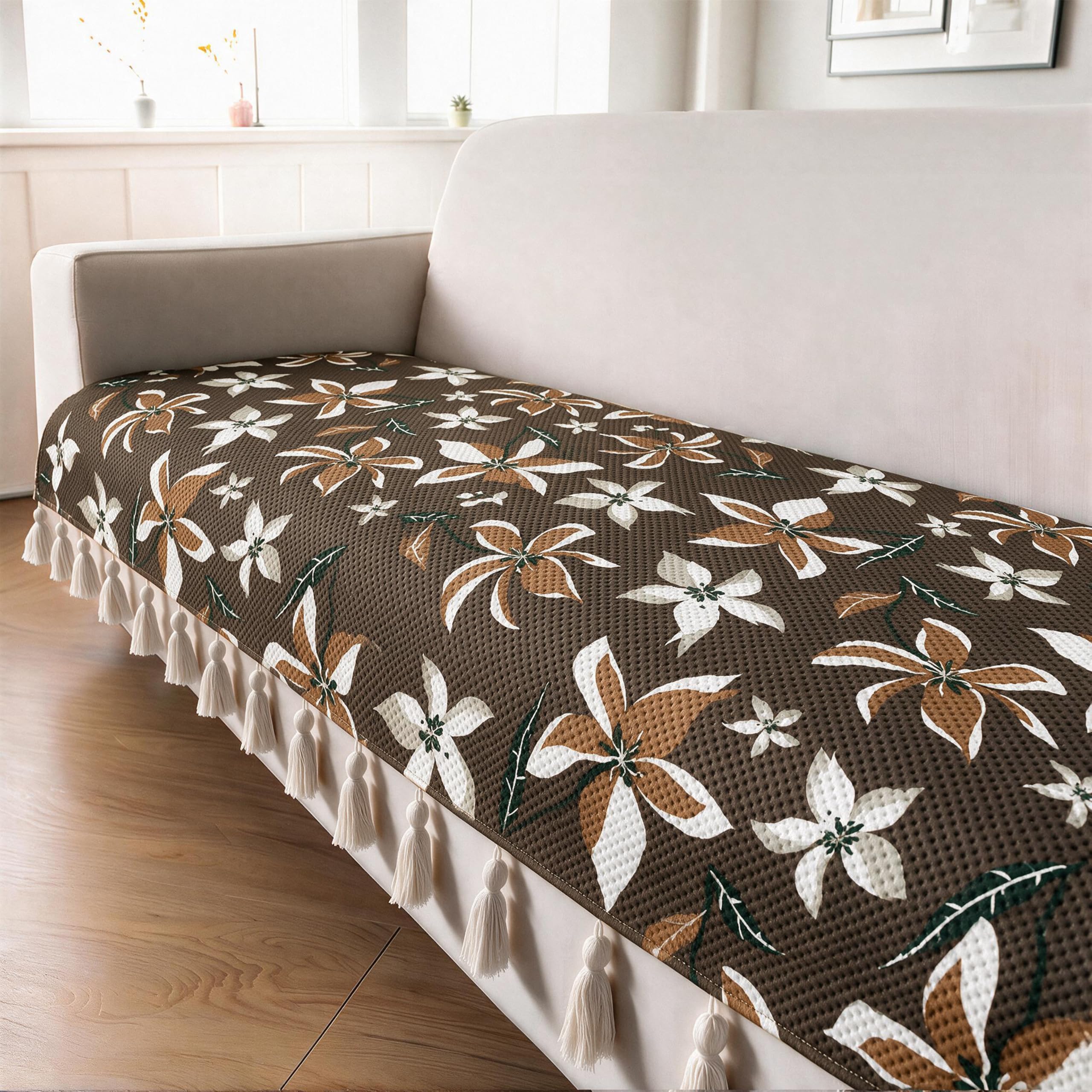 Yellow Weaves Printed 3 Seater Quilted Sofa Slip Cover Protector with Tassels, 70x180 cm | Sofa Throw with Fringe | Non Slip Couch Mat | Washable Slipcover for Living Room, Bedroom | Coffee Floral-image-23