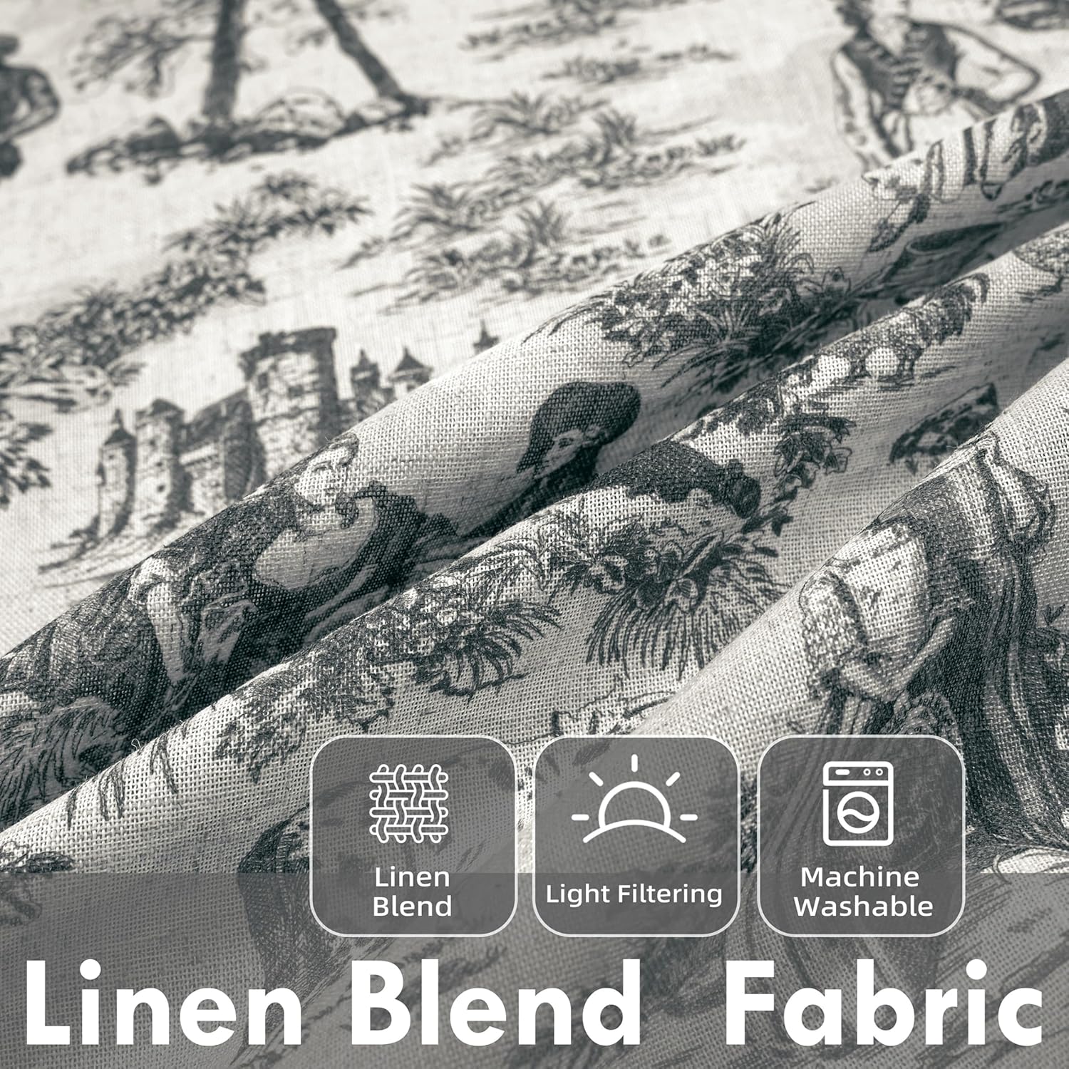 DriftAway Kitchen Curtains Toile Tier Linen Short Curtains Cafe 36 Inch Length for Living Room Bathroom Farmhouse French Country Vintage Printed Pattern Rod Pocket 2 Panels Black Toile Black Toile 26"W x 36"L (Pack of 2)