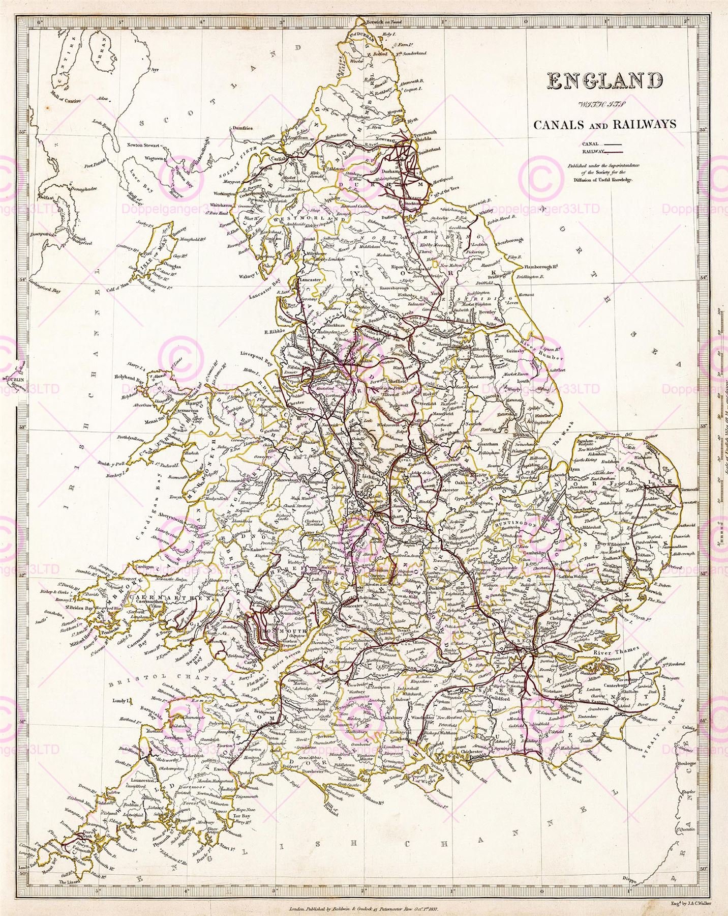 Doppelganger33 LTD Map 1837 Walker Sduk England Canals Railways Large Replica Poster Print