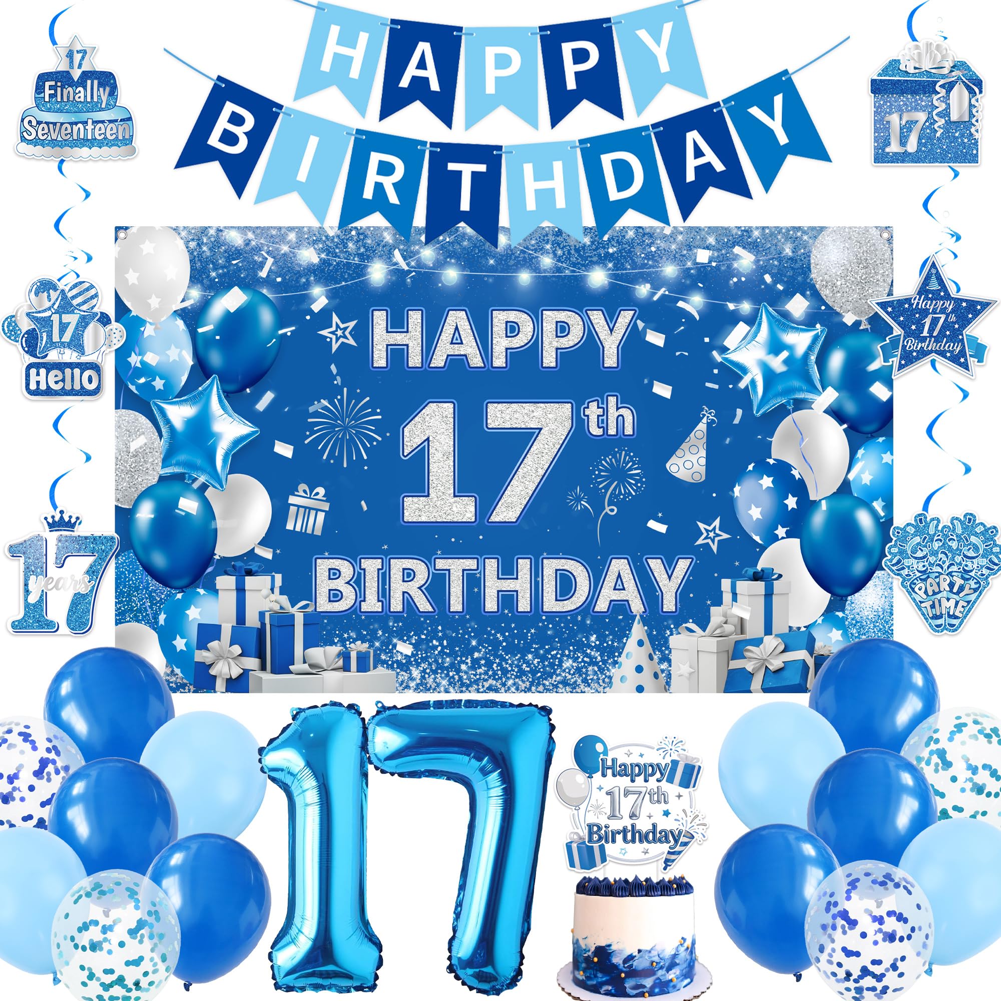 17th Birthday Backdrop Decorations for Boy - Light Blue Happy Birthday Banner Cake Topper Background Signs, Number 17 Balloon Party Decoration for 17 Years Old Boys Bday Supplies