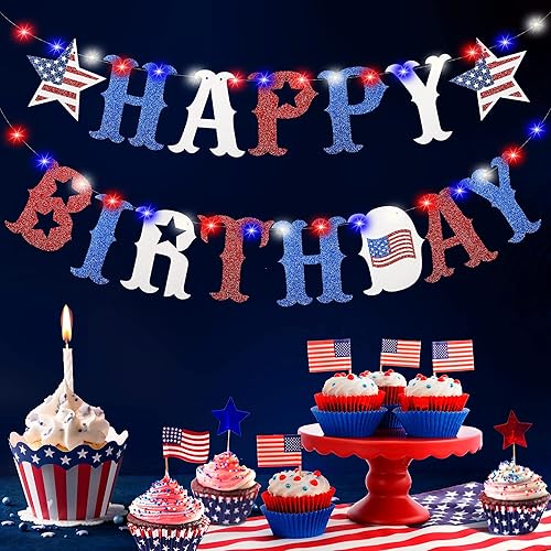 Cartel de feliz cumpleaños con cadena de luces de hadas, decoración de cumpleaños del 4 de julio, decoración de cumpleaños del Día de la Bandera de