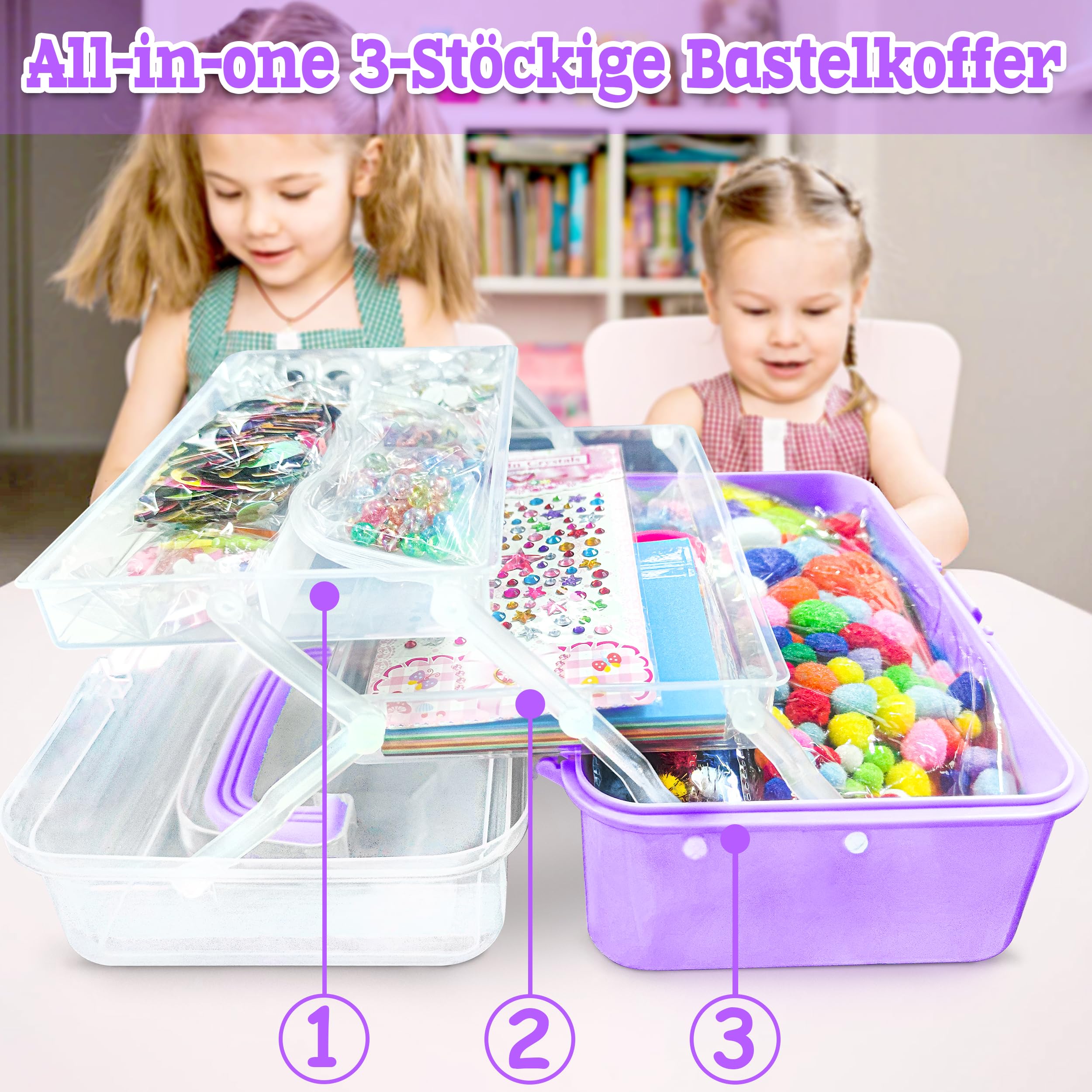 LINAYE 3000+Pcs Bastelset für Kinder Bastelbox Bastelmaterial Set,Bastelkoffer Gehören Pompons,Pfeifenreiniger,Scrapbooking Basteln Kinder Alter 4 bis 10 Geschenk für Junge Mädchen Bastelbedarf Lila