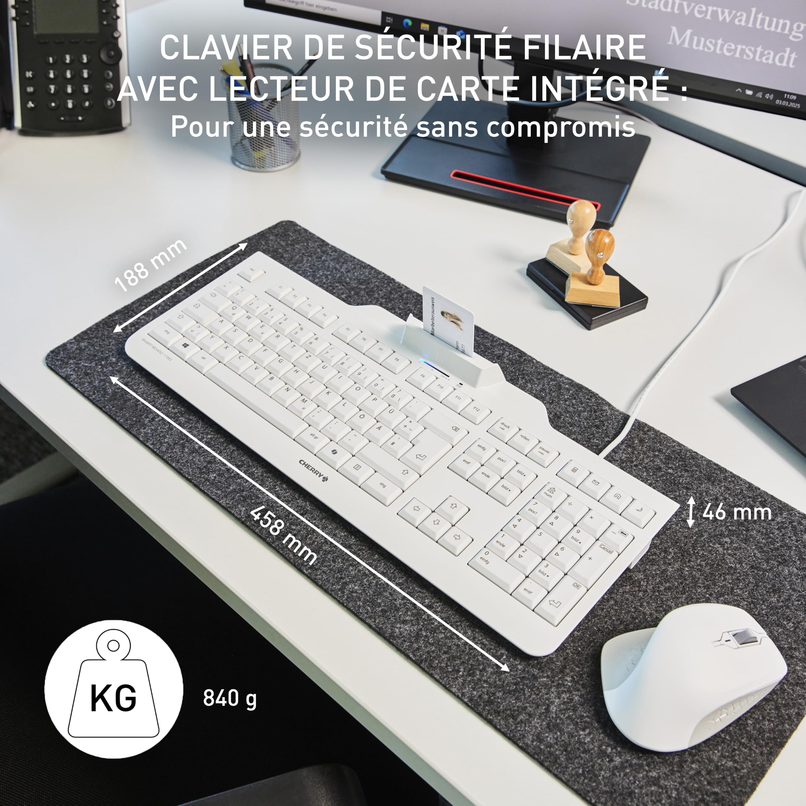 CHERRY Smart Board 1150, Clavier de Sécurité Filaire avec Lecteur de Carte Intégré, Disposition Belge (AZERTY), Plug & Play (USB-A), Design Plat, Noir