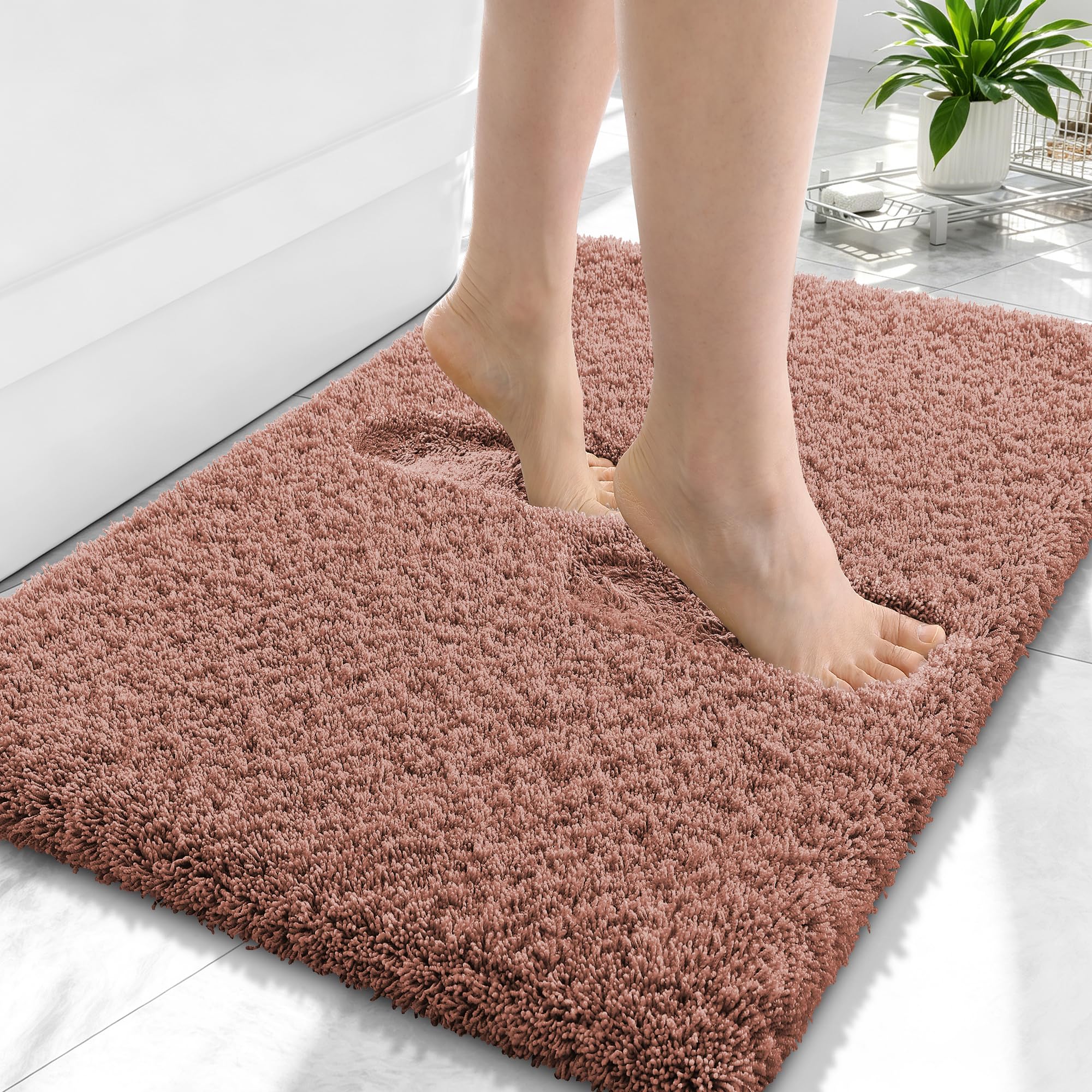 OLANLY Microfiber Small Bathroom Rugs 24x16, Soft Absorbent Bath Mat, Mocha