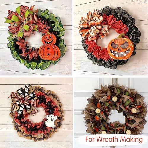 Miniatura 6 de TONIFUL 4 rollos de cinta de Halloween, cintas de arpillera con alambre, negro, naranja, morado, verde claro, cinta de arpillera sintética de 1.5