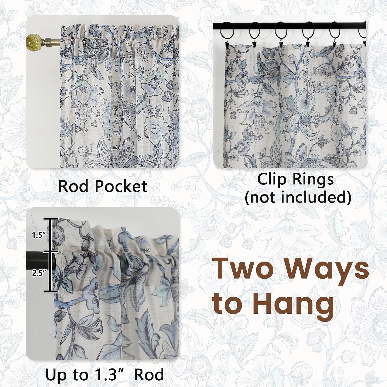 Lecloud Blue Floral Sheer Curtains 84 Inches Long 2 Panels, Airy Light Filtering Flower Printed Farmhouse Curtains for Bedroom, Rod Pocket Drapes for Living Room Dining Room, Each Panel 52" W x 84" L