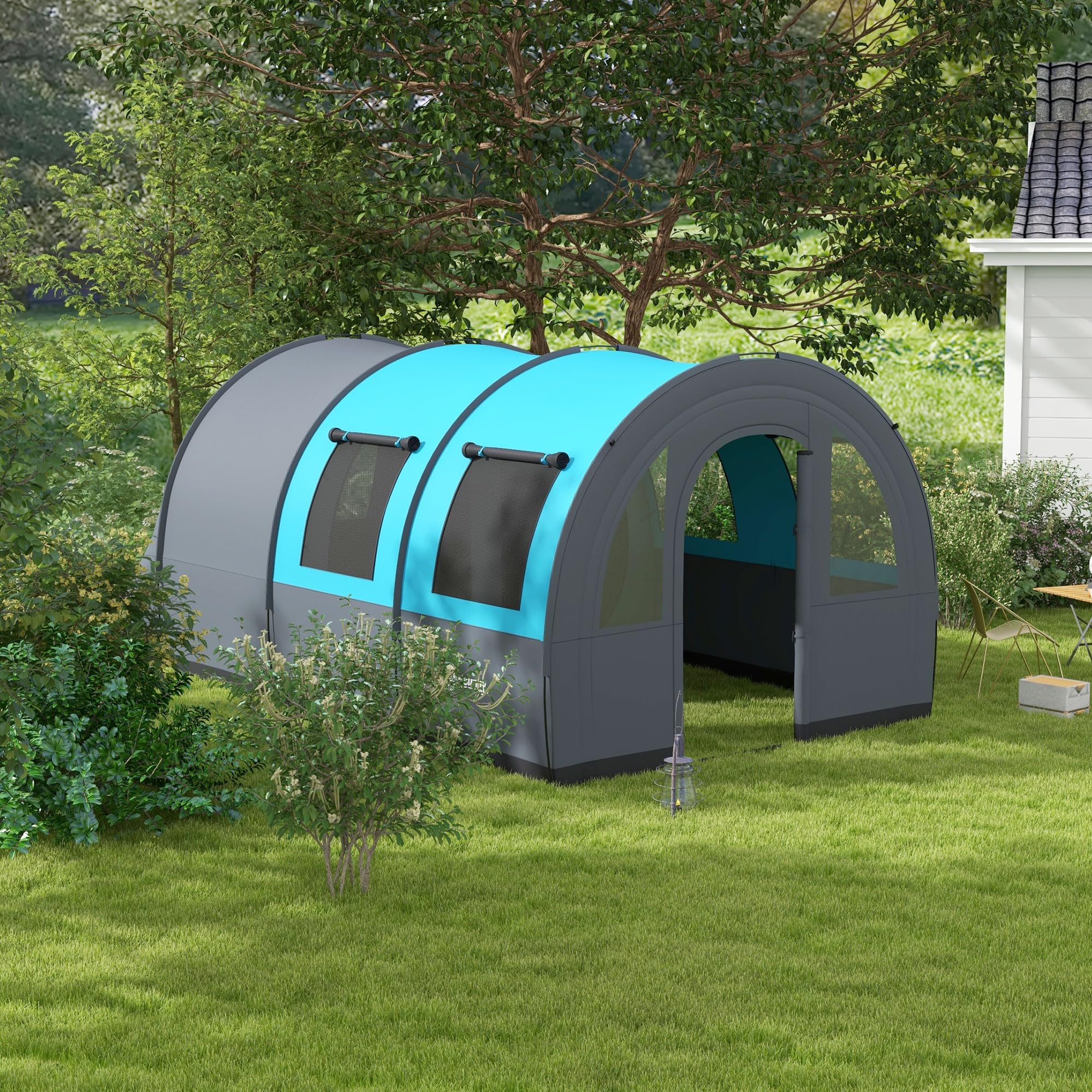Outsunny Tenda da Campeggio 5 Posti Impermeabile con Zona Notte e Zona Giorno Separate, tenda Trekking in Poliestere, 480x260x200 cm, Grigio e Blu