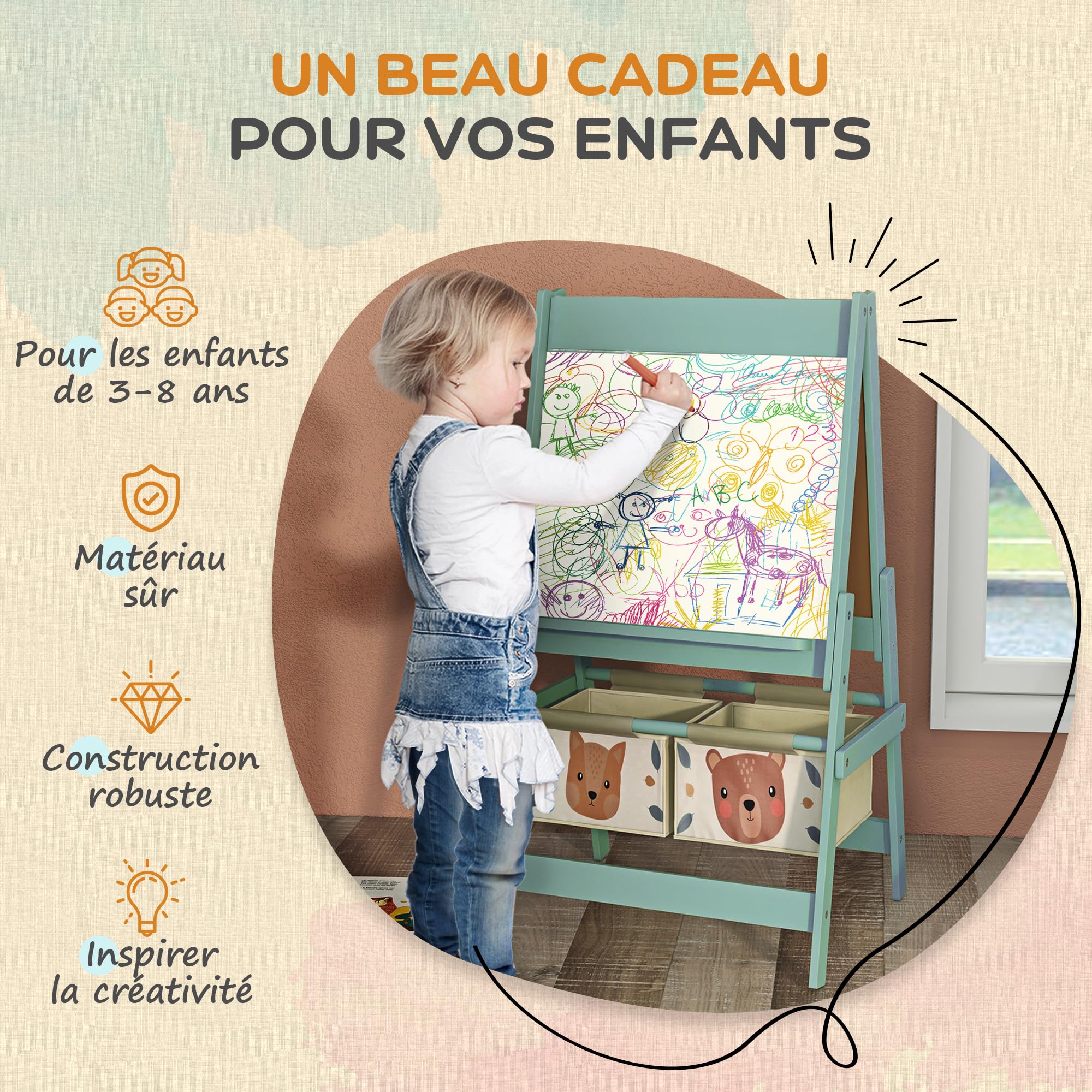 AIYAPLAY Tableau chevalet enfant ardoise double face tableau blanc tableau à craie rouleau papier 2 paniers 54 x 46,5 x 93 cm vert