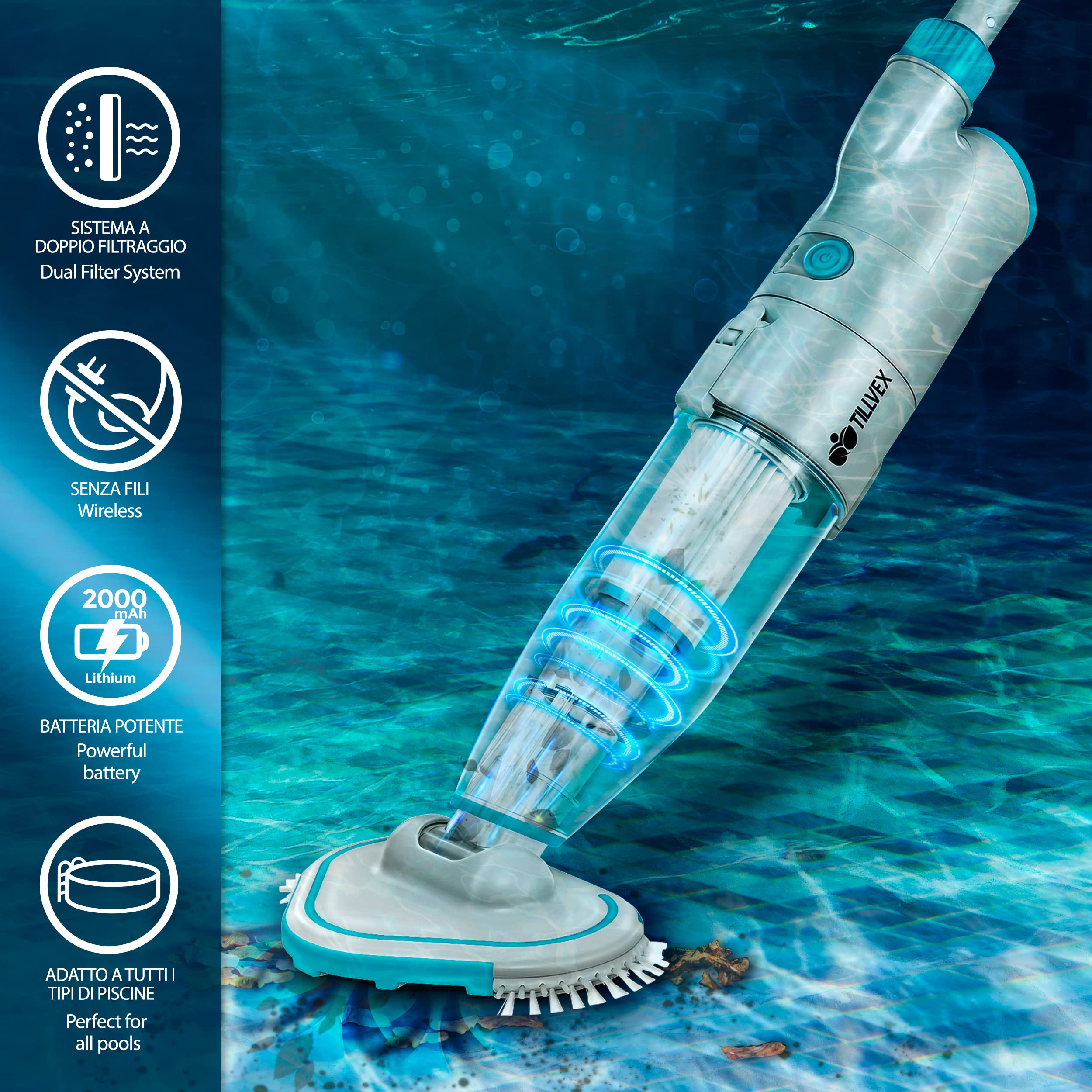 tillvex Aspirapolvere per piscina con batteria, asta telescopica per piscina, con filtro e sistema a 2 velocità, set di pulizia senza fili (fino a 25 m³, senza asta telescopica)