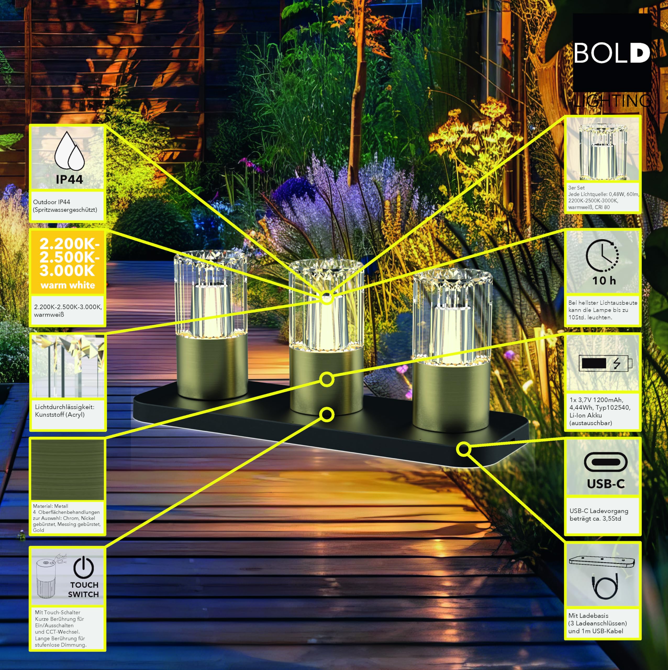 BOLD Kristy 3er Pack LED Akku Tischlampe Dimmbar Messing - Warmweiß | Kabellose Dekoleuchten mit Ladestation, USB, IP44 Spritzschutz für Außen & Innen, 10h Laufzeit & 1200mAh Akku, 60 Lumen