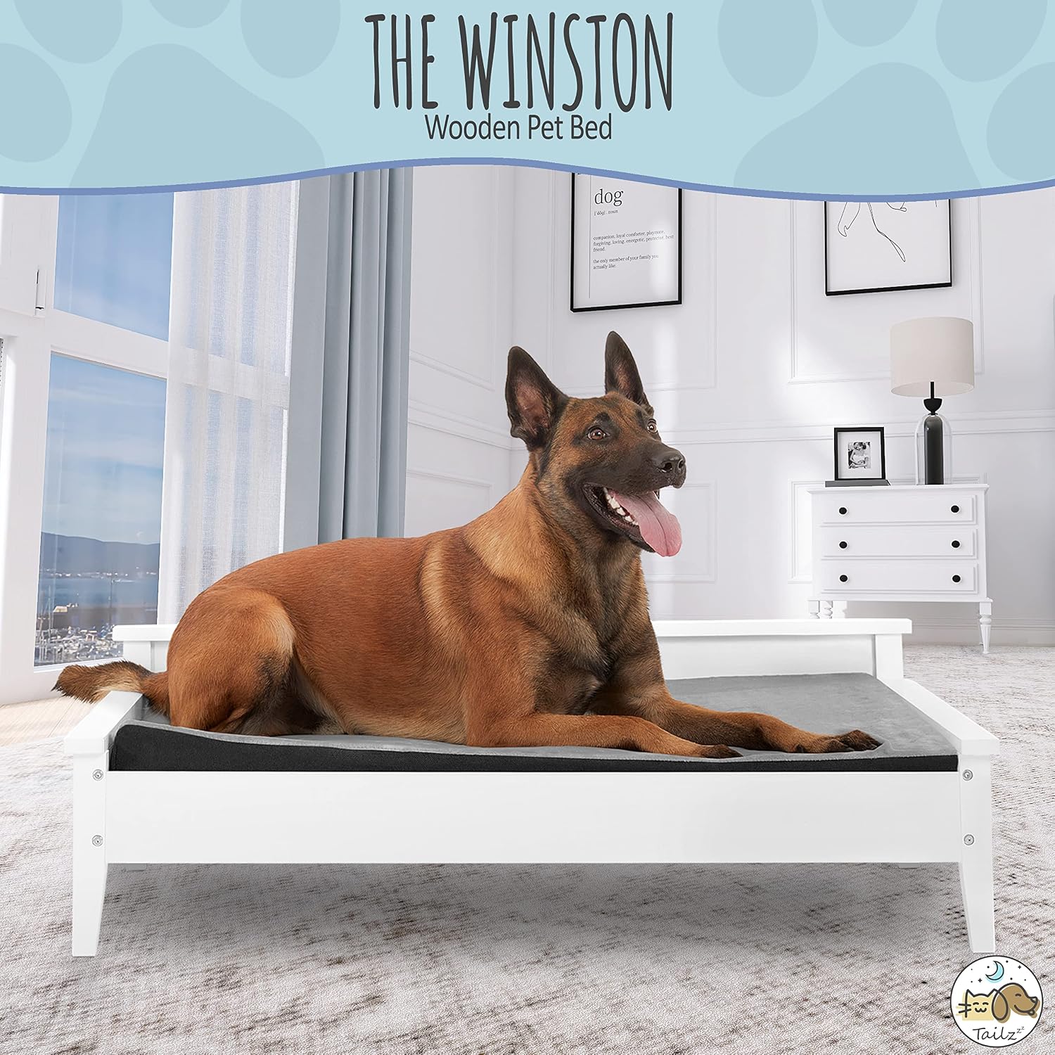Wooden Dog Bed with Water-Resistant Mattress, Larget to Extra Large Elevated Pet Bed with Calming Pet Mattress, Greenguard Gold…