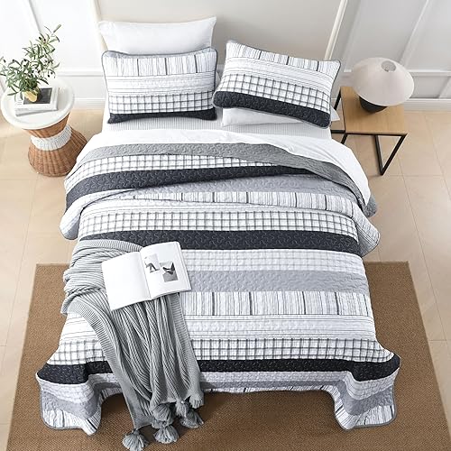 Miniatura 3 de DJY Juego de edredón gris tamaño King, juego de edredón bohemio a rayas grises, juego de edredón de microfibra suave a rayas, juego de ropa de cama