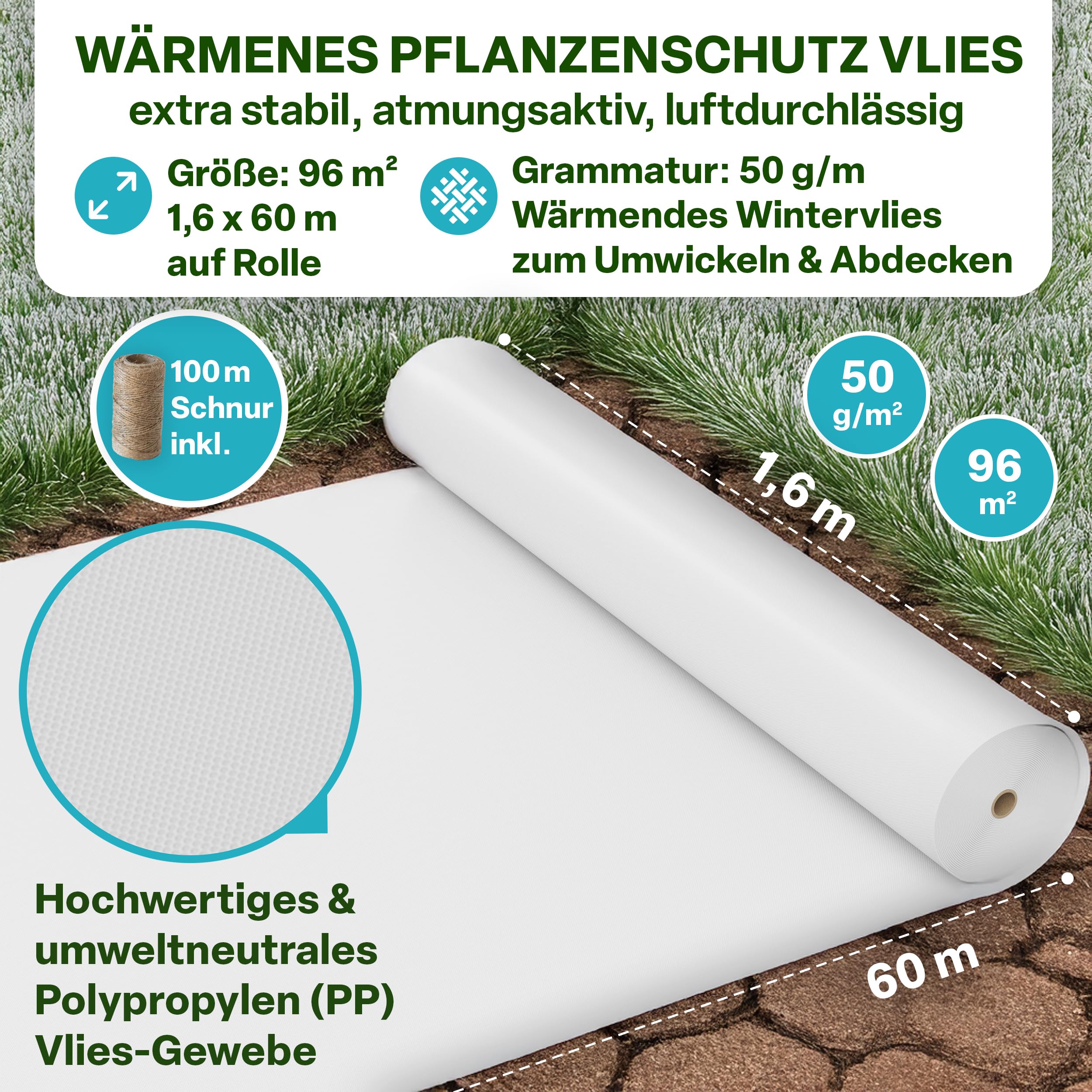 TTL GARDEN 50g/m² Wintervlies 96m² 1,6m x 60m weiß auf Rolle + 100m Schnur | - Frostschutz Thermovlies Gartenvlies Winterschutz für Pflanzen außen – Pflanzenvlies Pflanzenschutz Winter Kübel & Hochbeet