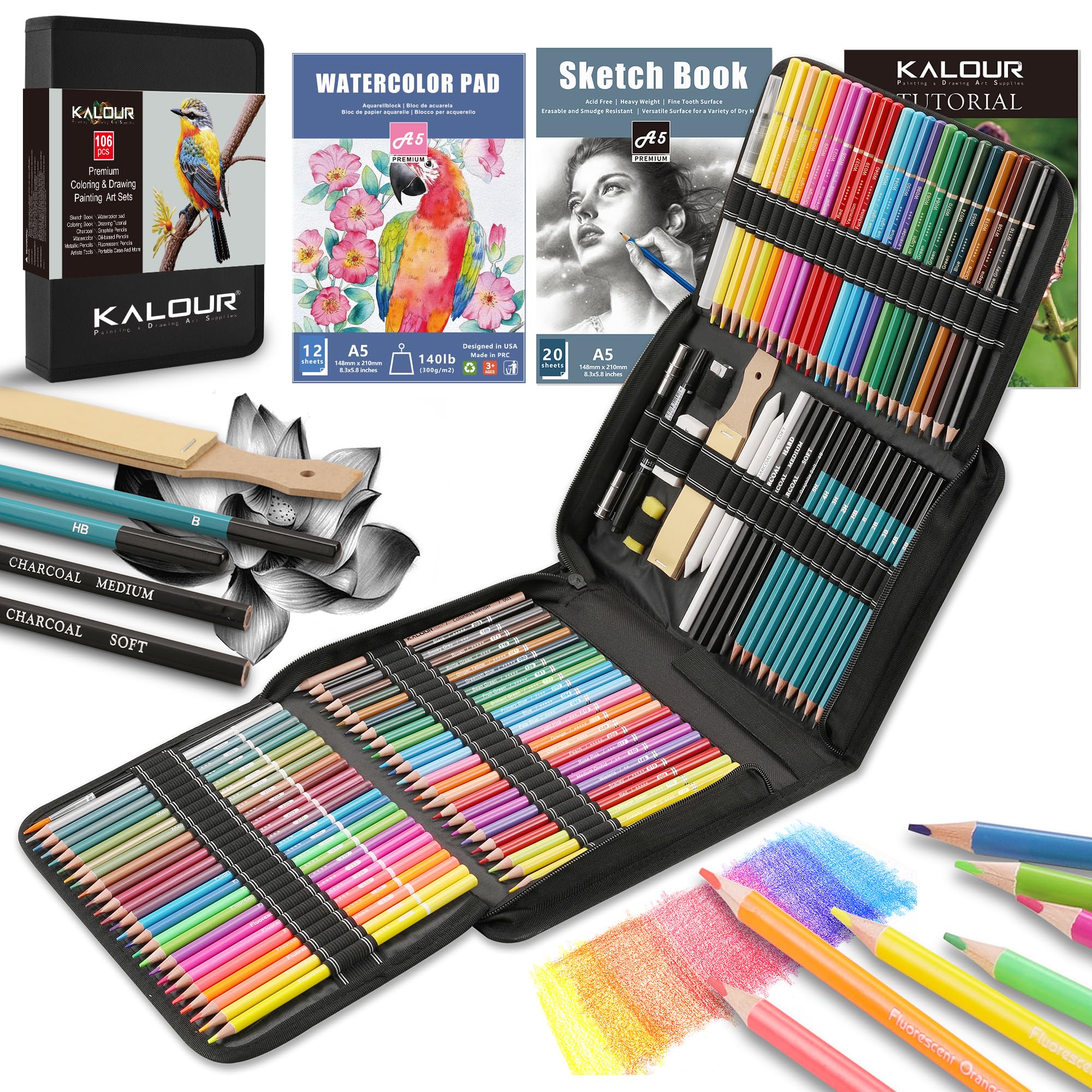 Sponsored Ad - KALOUR 106 Coloring Sketching Kit Set - Art Supplies with Sketchbook & Watercolor Paper - Include Drawing Tutorial, Watercolor,Colored,Metallic,Fluorescent,Sketch Pencils - for Artists beginner