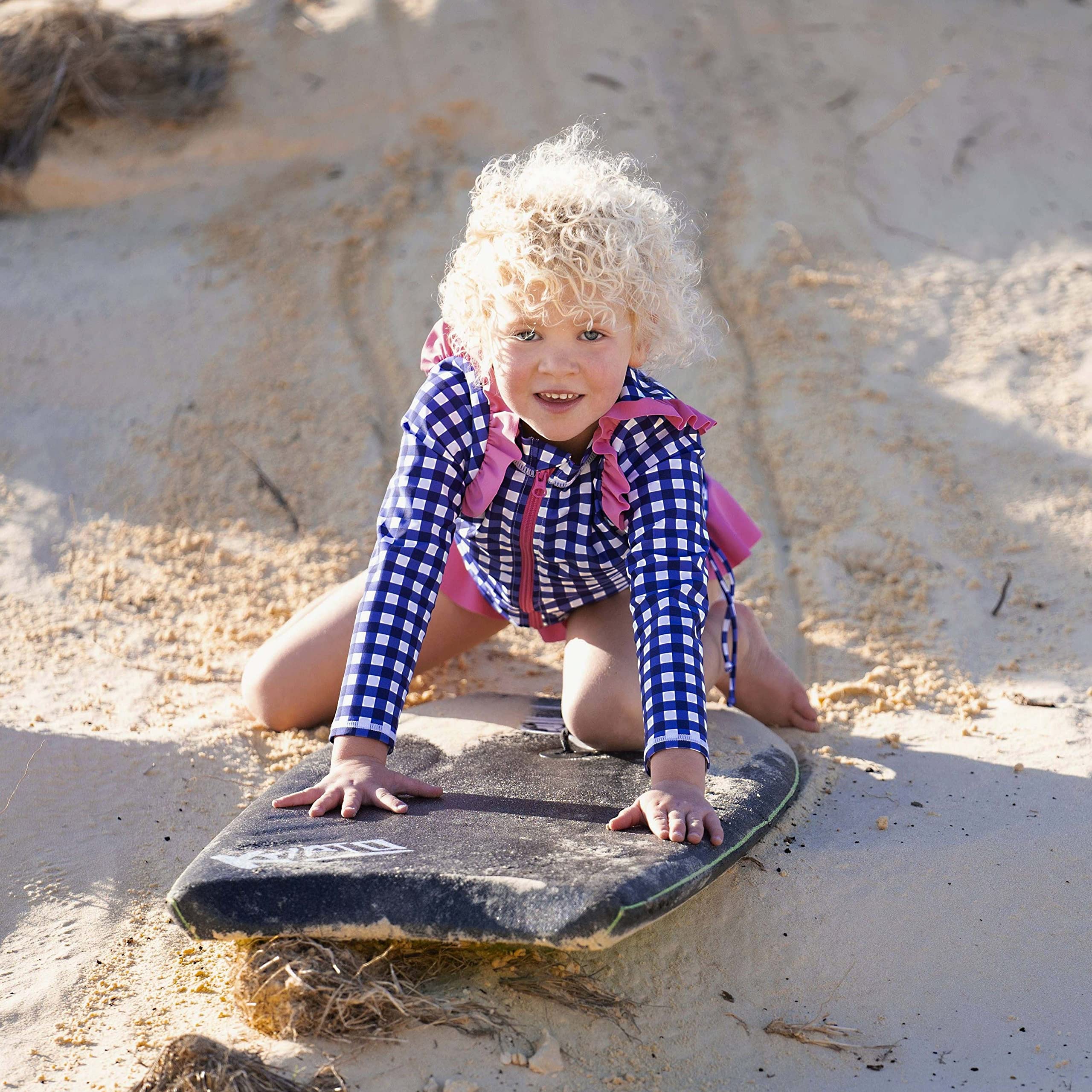 SwimZip Girls' Long Sleeve Rash Guard and Bikini Bottoms Swimsuit Set - UPF 50+ Navy Gingham