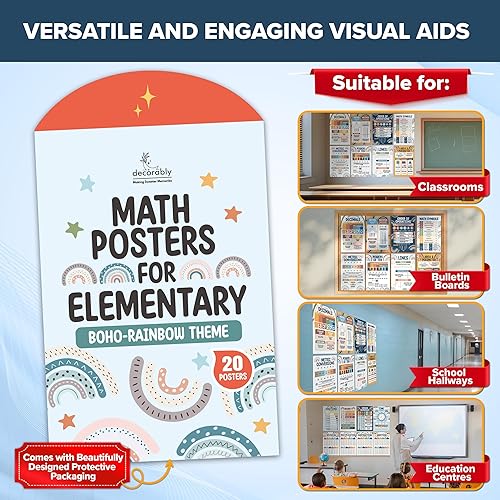 Miniatura 5 de Decorably 20 pósteres bohemios de matemáticas de arcoíris para escuela primaria, 11 x 17 pulgadas, laminados mate, póster educativo bohemio