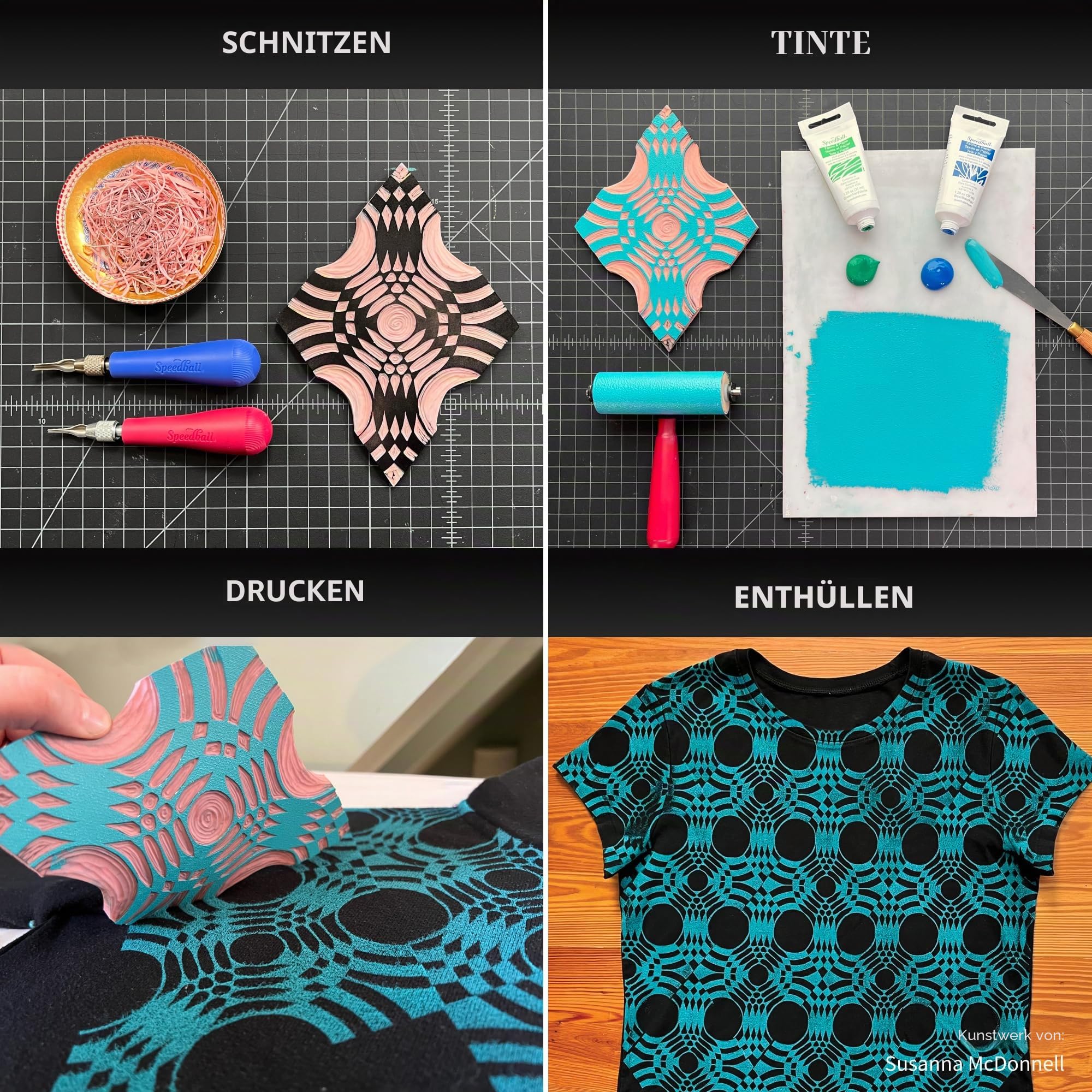Speedball Stoff- und Papierblockdruckfarben-Set, 6 x 37 cc, 35,4 g Tuben, blau, gelb, grün, weiß, schwarz, Stoffblockdruckfarbe, Blickdicht, Stoffdruckfarbe, kein Hitzeset, berührungstrocken