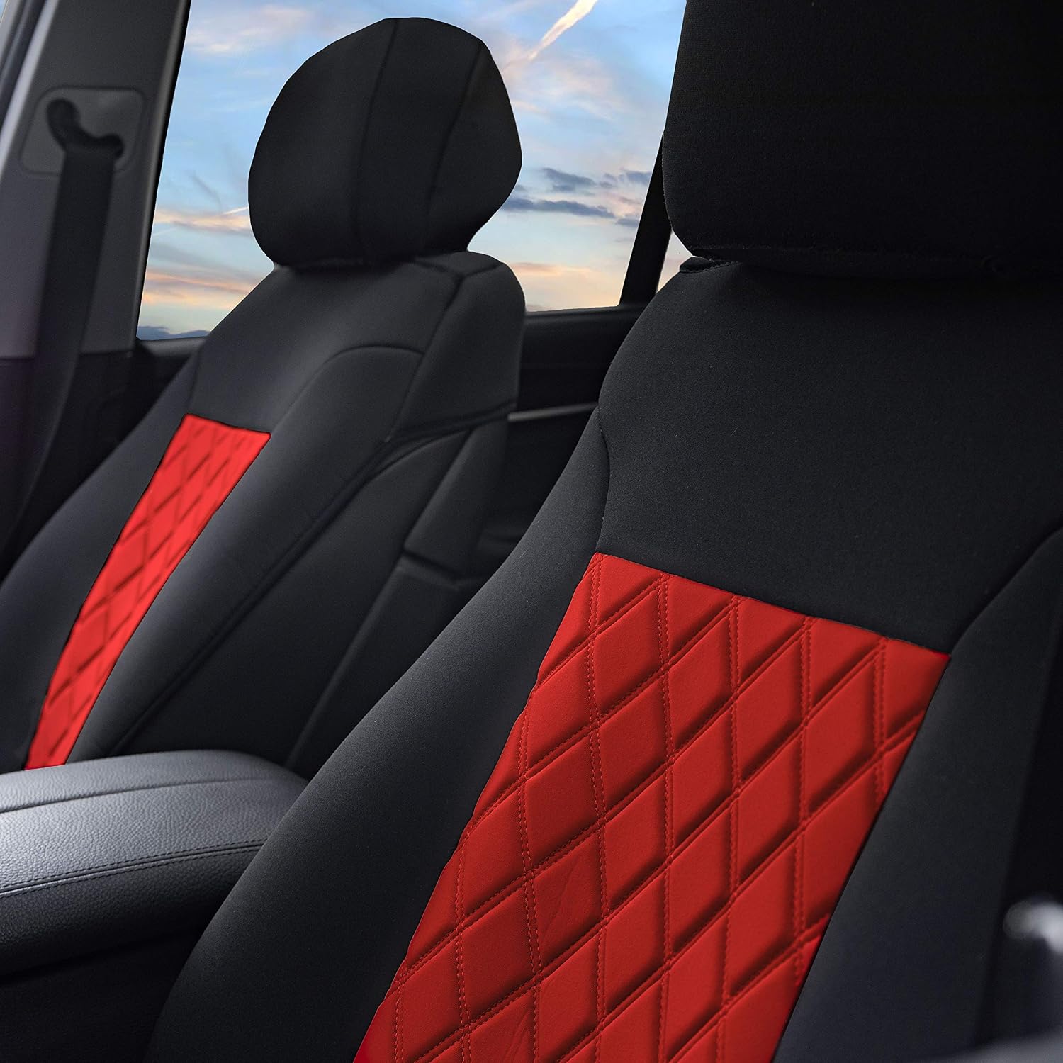 FH Group Car Seat Cover Cushion - 2 Pack Seat Covers for Cars Trucks SUV, Red Black Neosupreme Car Seat Cushions, Waterproof Car Seat Cover Cushion, Universal Fit Car Seat Protector