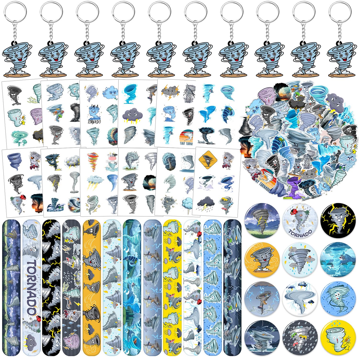 98 PCS Tornado Party Favors, Tornado Temporary Tattoos Slap Bracelets Keychains Stickers Badges for Tornado Birthday Party Decorations Supplies Gifts