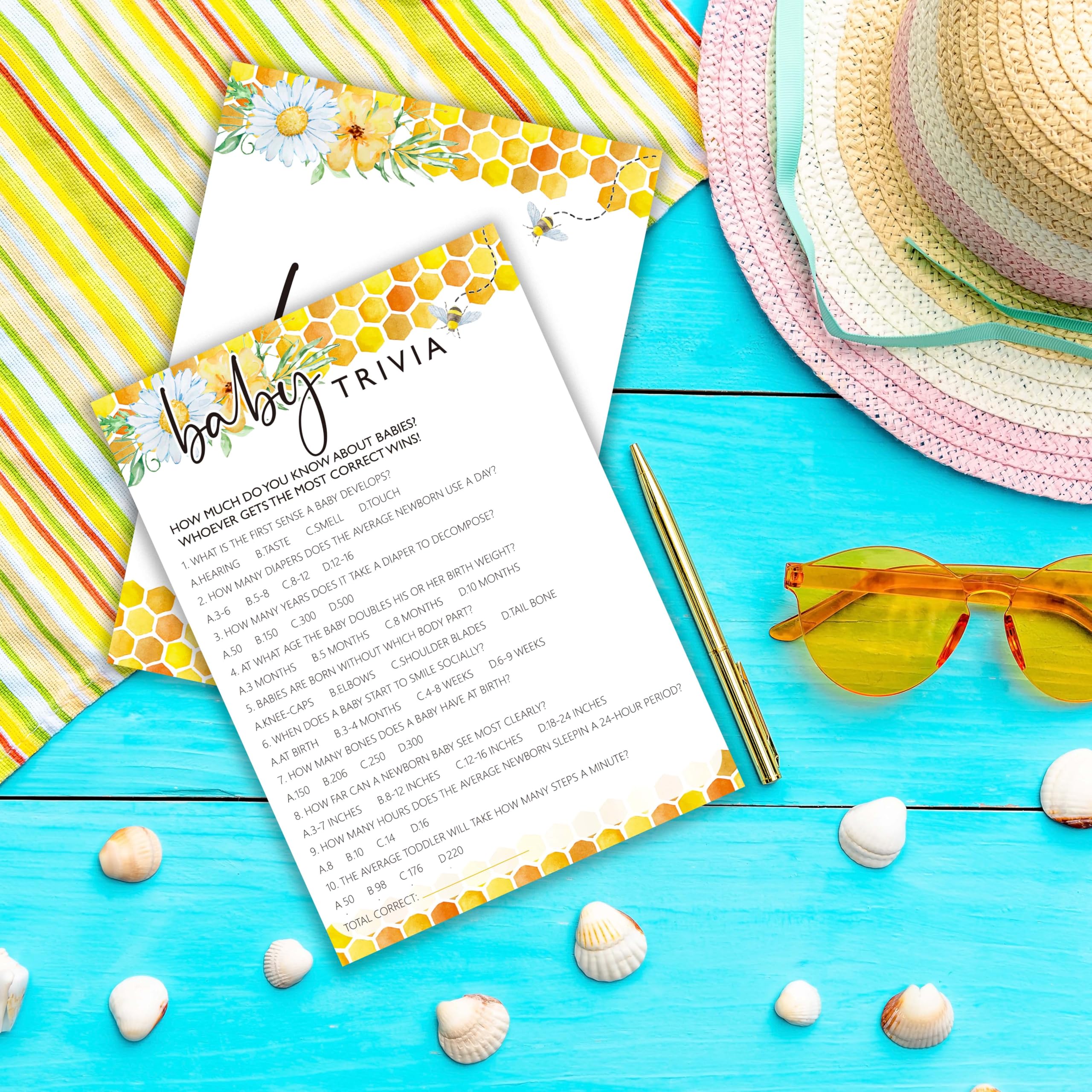 Juegos de abejas para baby shower, juego de trivia para bebés, decoraciones de baby shower de margaritas de verano, suministros de fiesta de género neutro y regalo, 5 x 7 pulgadas y juego de 25