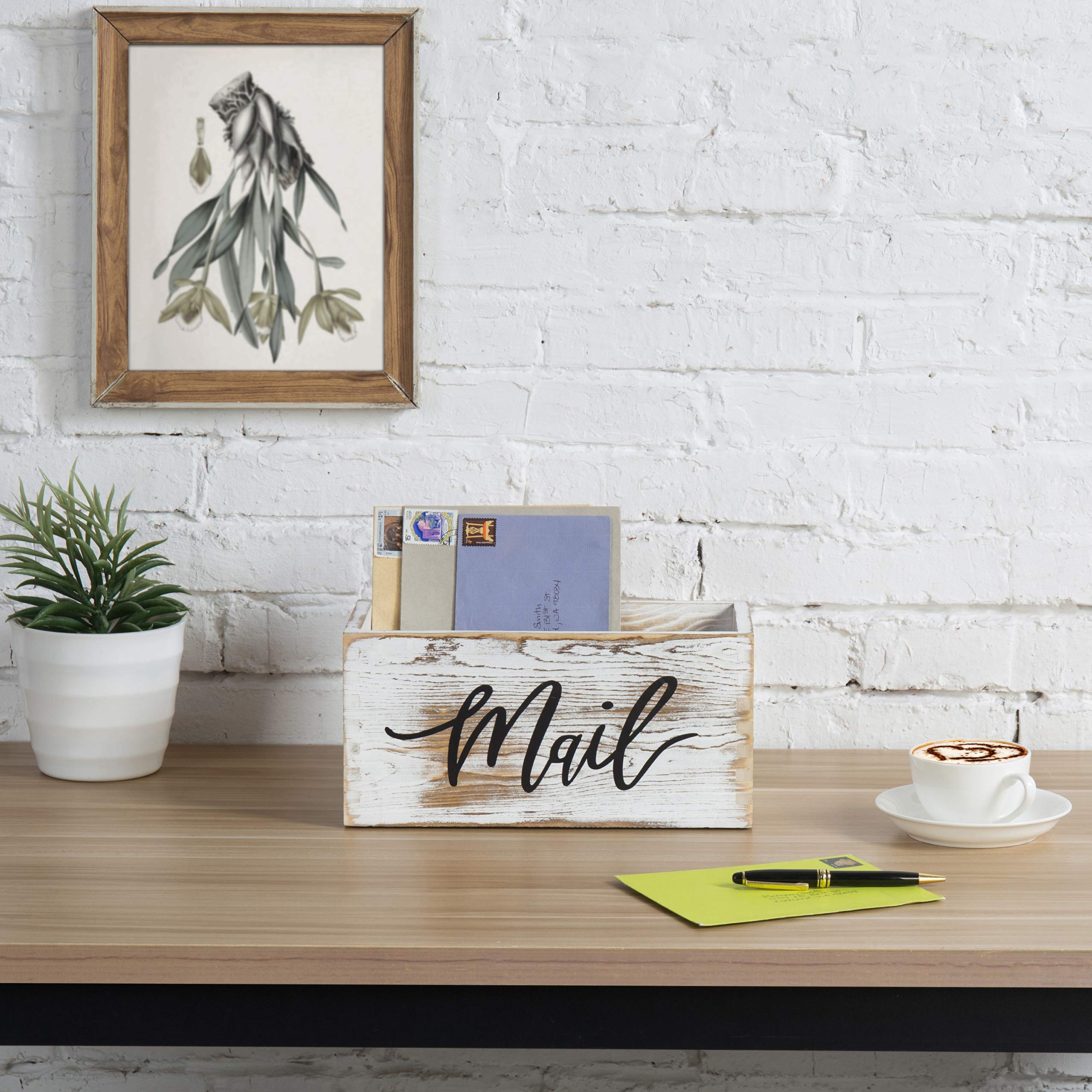 Caja organizadora de almacenamiento para correo, madera encalada con diseño de escritura de correo, cartas de escritorio, billetes, notas y contenedor para tarjetas postales para el hogar, 3