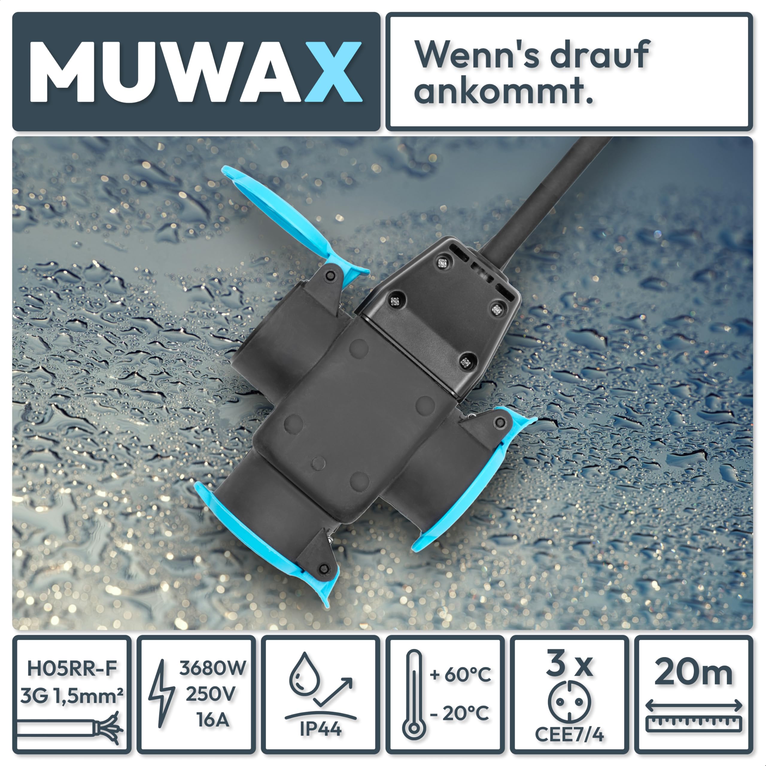 Cavo di prolunga in gomma H05RR-F 3G1,5 mm² con splitter a 3 vie, 20 m