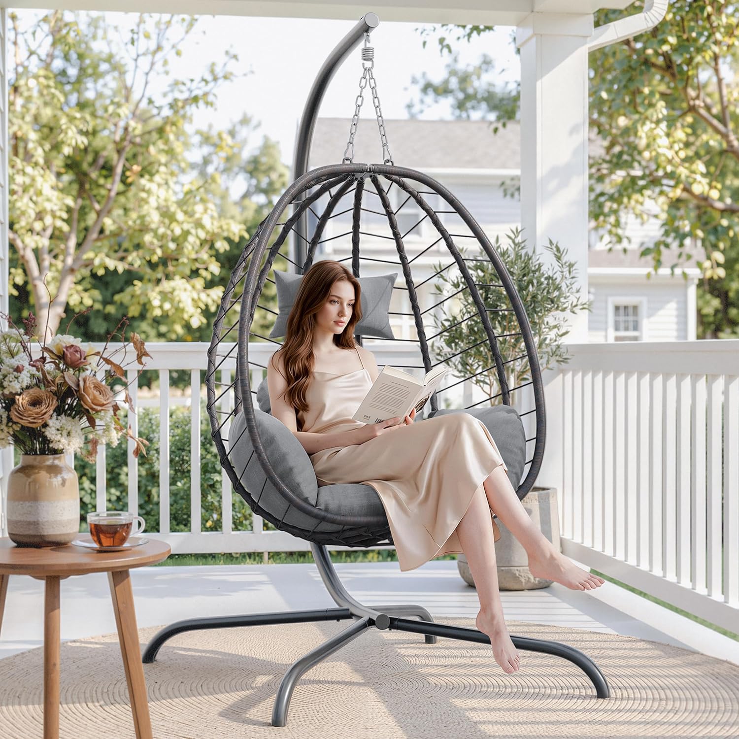 ALAULM Foldable Egg Chair with Stand, 485LBS Capacity Wicker Rattan Hammock Swing Chair for Outdoor & Indoor, Hanging Chair with Strong Frame & UV Resistant Cushion for Balcony, Bedroom, Light Gray