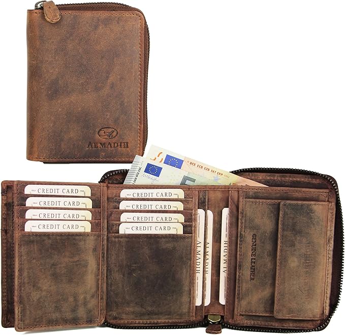 ALMADIH Premium Leren Portemonnee Rechtopstaand met Ritssluiting 17 Kaartvakken in Geschenkdoos in Bruin Of Zwart P2H-RV - Leren Heren Dames Portemonnee Geldportemonnee Geldbeugel, M, Modern