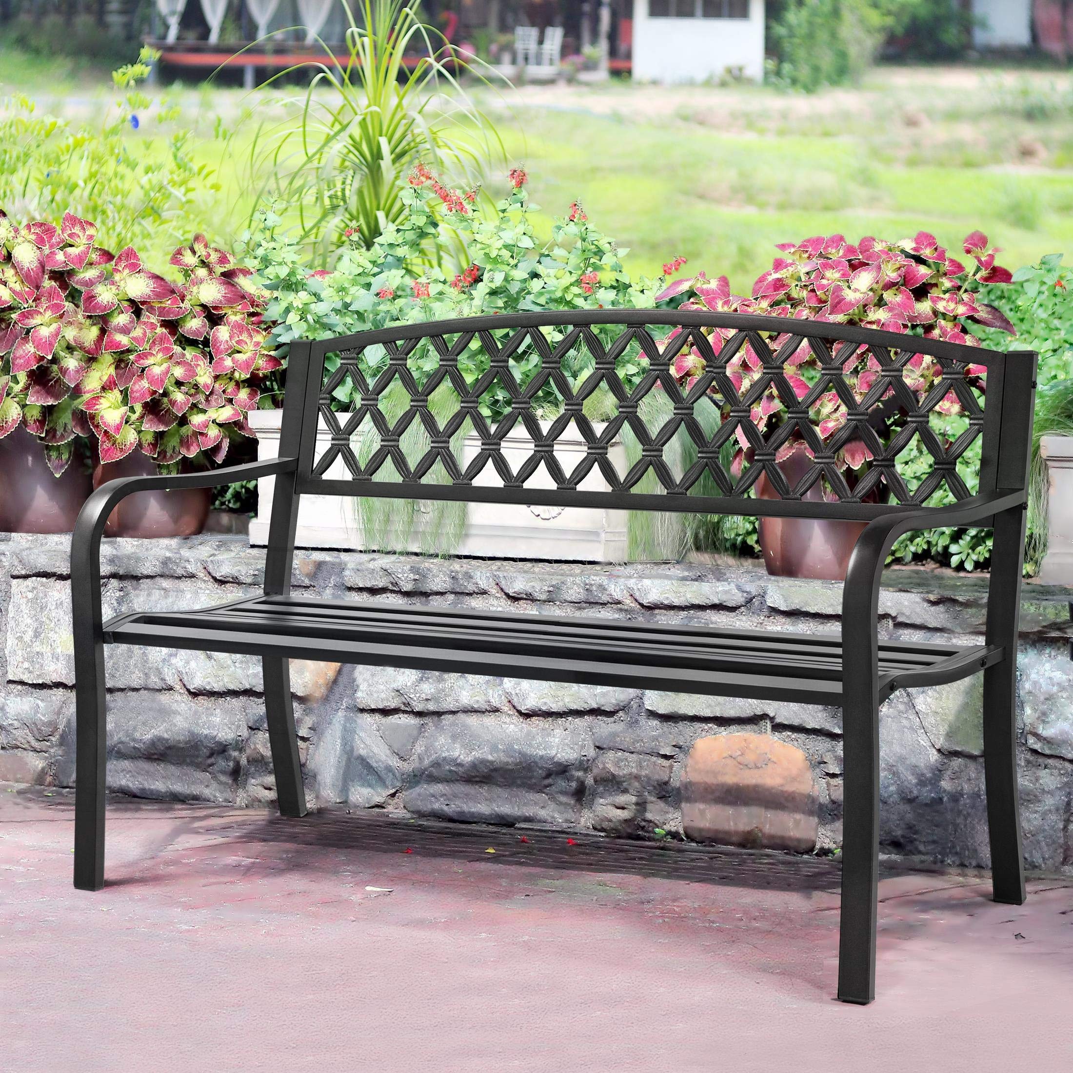 Buy Yaheetech Garden Bench Patio Park Bench, Cast Iron Metal Frame