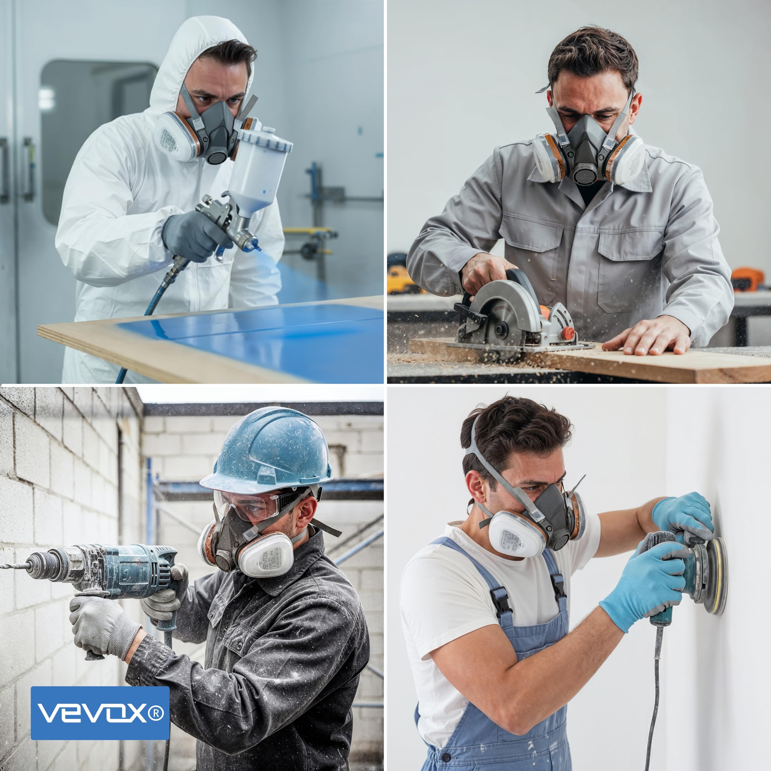 VEVOX® Maschera respiratoria con filtro A1P2 – Protezione da gas, vapori e polveri sottili – Ideale per verniciatura, levigatura e lavori edili – Con 6 filtri P2 antiparticolato e 2 A1 antigas