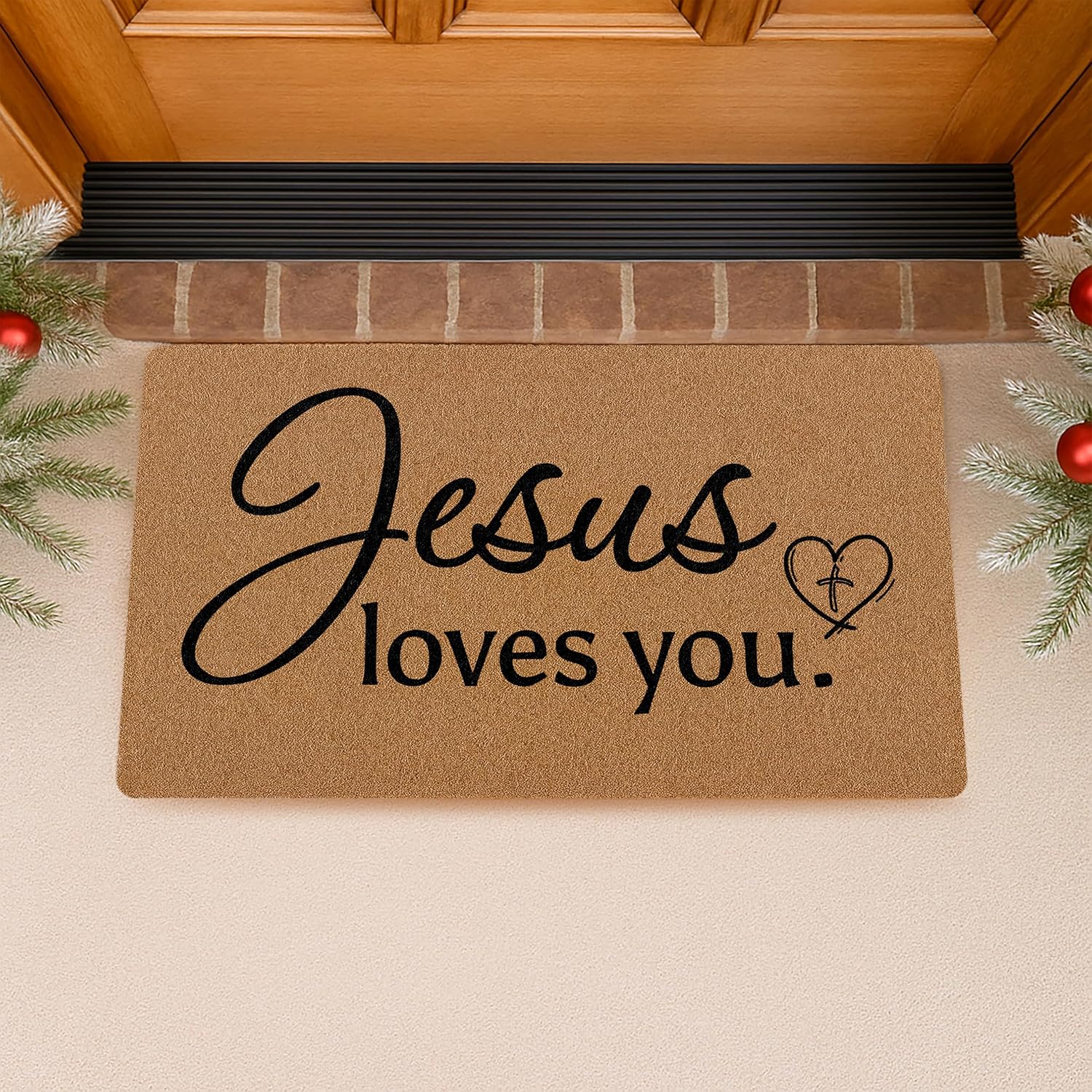 Jesus Loves You Christian Door Mat, Bible Verse Scripture Welcome Front Door Mat Indoor Outdoor Entrance, Rustic Artificial Coir Religious Doormat Rugs for Church Prayer Room Entry Decor 30x17in