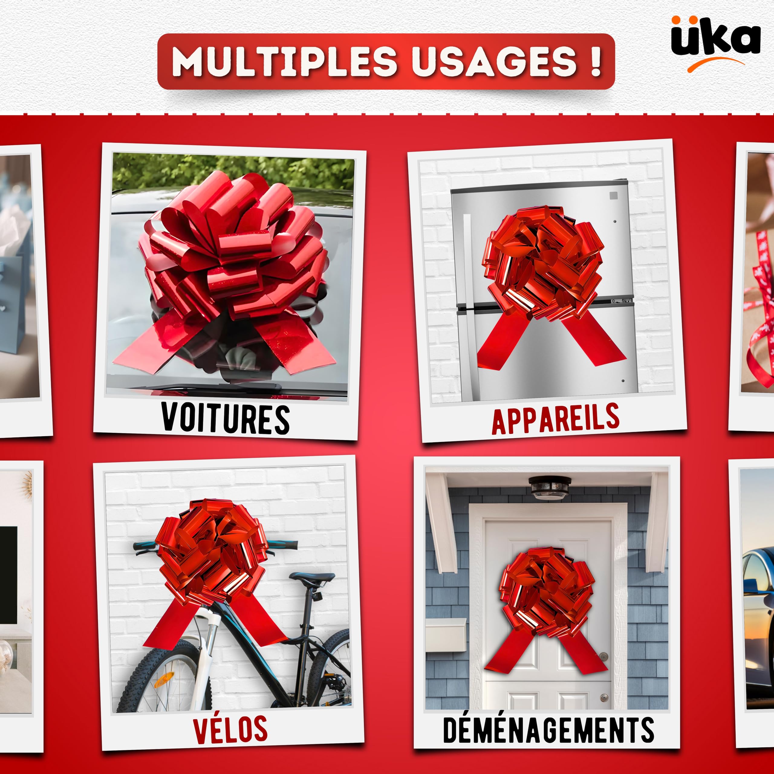 Üka • Noeud Cadeau Géant. Diamètre 40 cm. Grand Noeud Cadeau pour Voitures, Vélos et Électroménagers. Gros Noeud Rouge avec Conception Auto-assemblable et Réutilisable.