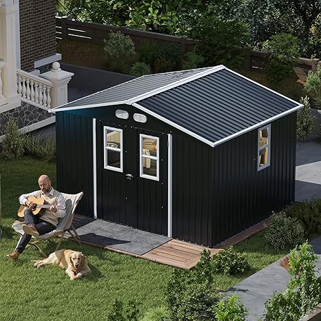 KEIKI Large 8x10 Metal Shed with Four Windows, Lockable Outdoor Storage Shed for Backyard, Tiny House Sheds, Metal Storage Shed for Tools & Equipment, Sheds and Outdoor Storage, Dark Gray
