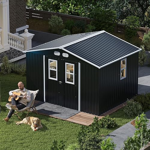 KEIKI Large 8x10 Metal Shed with Four Windows, Lockable Outdoor Storage Shed for Backyard, Tiny House Sheds, Metal Storage Shed for Tools & Equipment, Sheds and Outdoor Storage, Dark Gray
