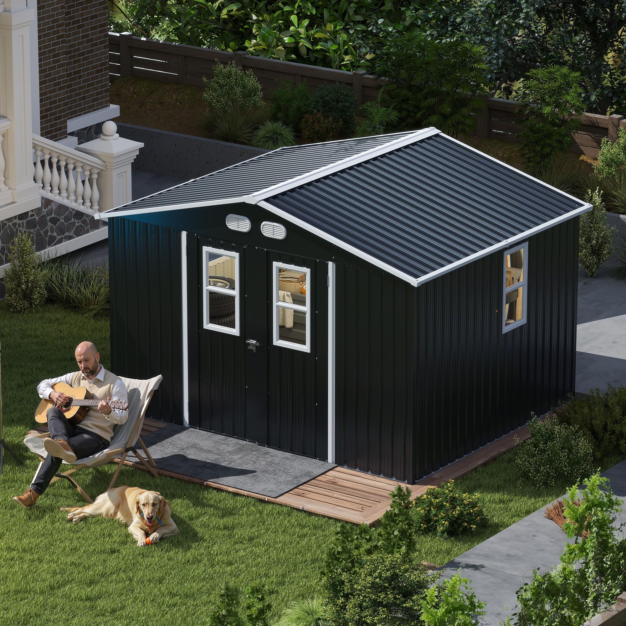 Photo 1 of **2 BOX SET** KEIKI Large 8x10 Metal Shed with Four Windows, Lockable Outdoor Storage Shed for Backyard, Tiny House Sheds, Metal Storage Shed for Tools & Equipment, Sheds and Outdoor Storage, Dark Gray