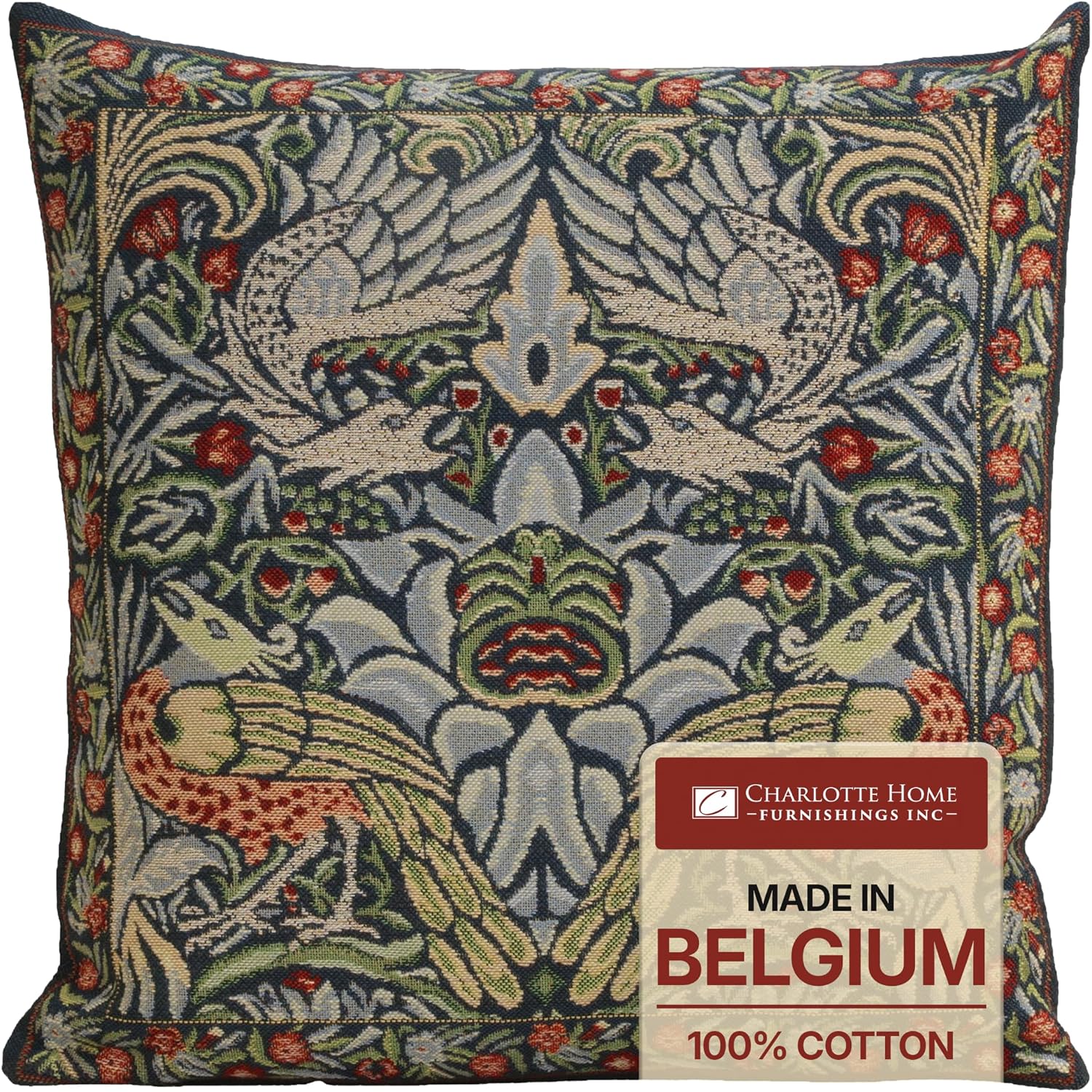 Charlotte Home Furnishings Inc Tapestry Throw Pillow Covers 16x16 Single Stem Boho Decorative Couch Pillow Covers William Morris Inspired 100% Cotton Cozy Home Decor Jacquard Woven Floral Living Room