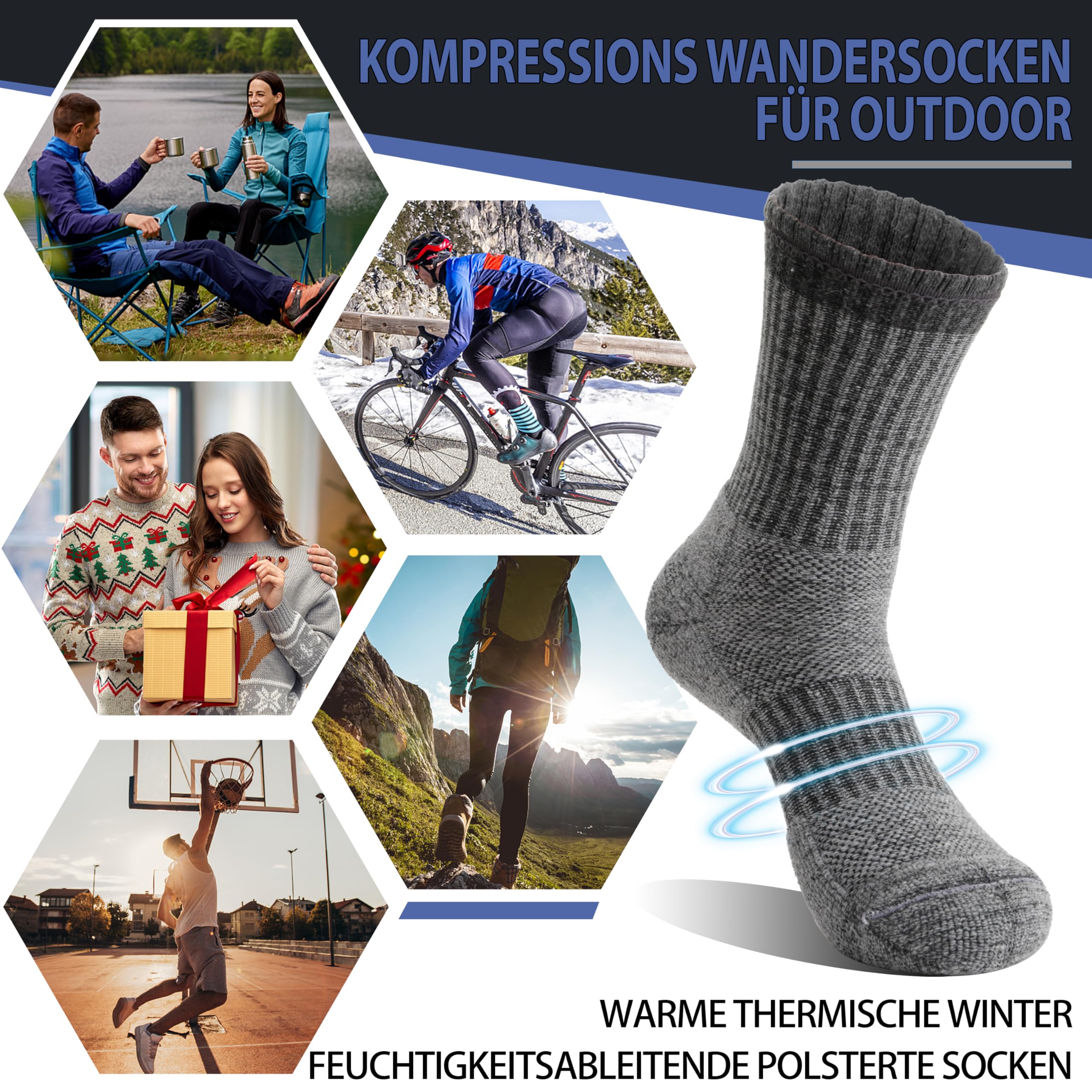 Welwoos 5 Paar Merino Wandersocken, Warme Thermosocken, Outdoor Merinowolle Socken, Dicke Trekking Sportsocken für Herren Damen