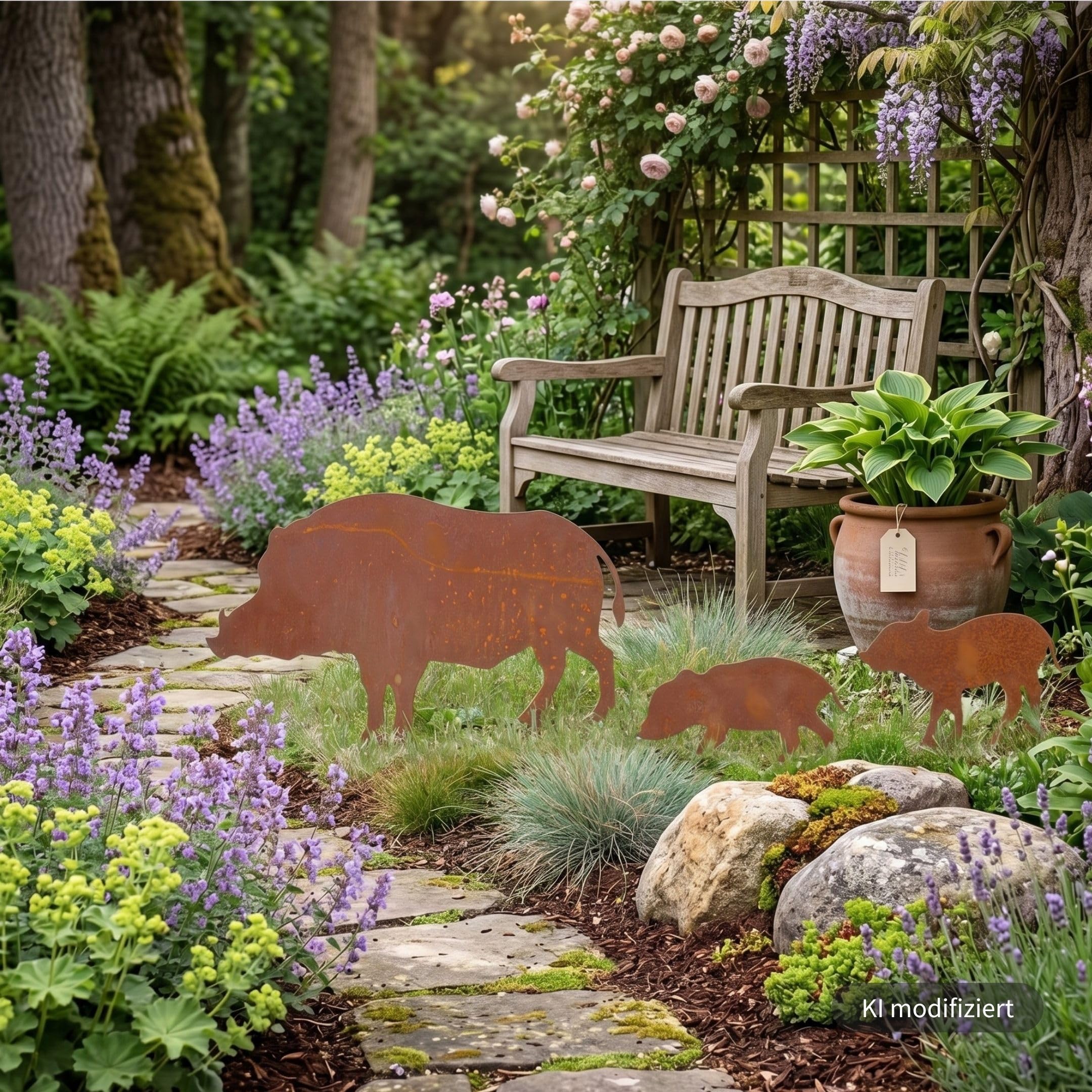 Storm's Gartenzaubereien Gartenstecker Wildschwein Figuren 1 großes Schwein und 2 kleine Ferkel in Rostoptik 46xH28cm