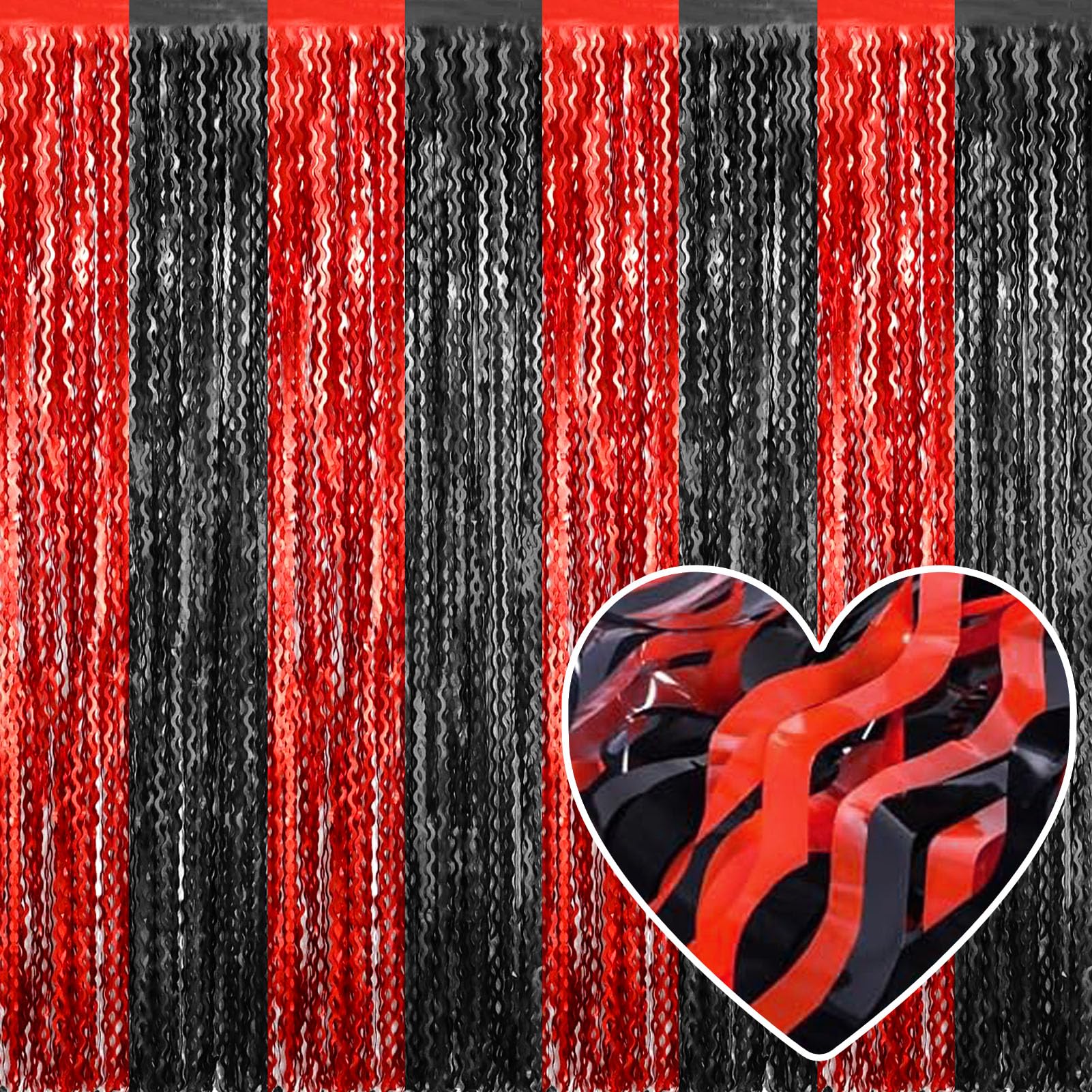 4 Pack Black Red Fringe Curtain Backdrop 3.2Ft x 8.2Ft Metallic Tinsel Foil Fringe Streamers Background for Photo Booth Mother's Day, Easter, Carnival