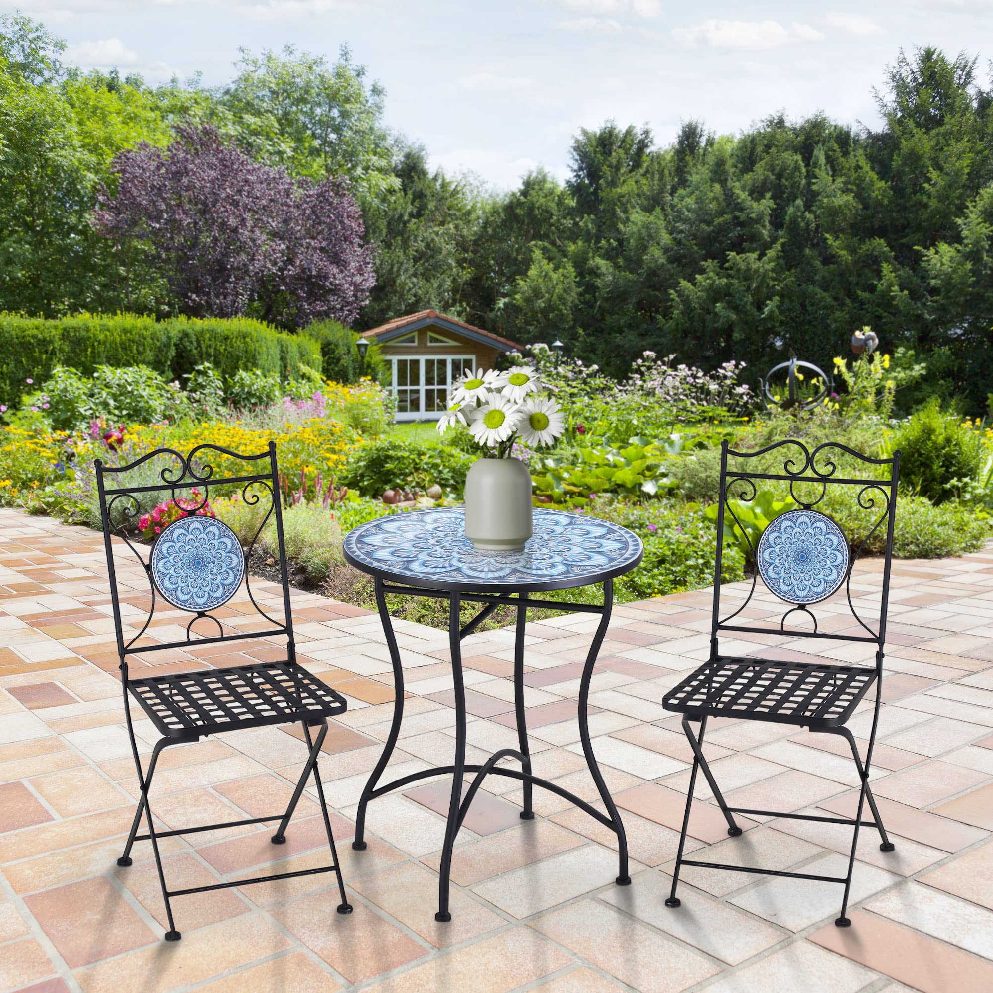 Outsunny Set da Giardino 3 Pezzi con Mosaico, Tavolino da Esterno Rotondo con 2 Sedie Pieghevoli in Metallo, Blu