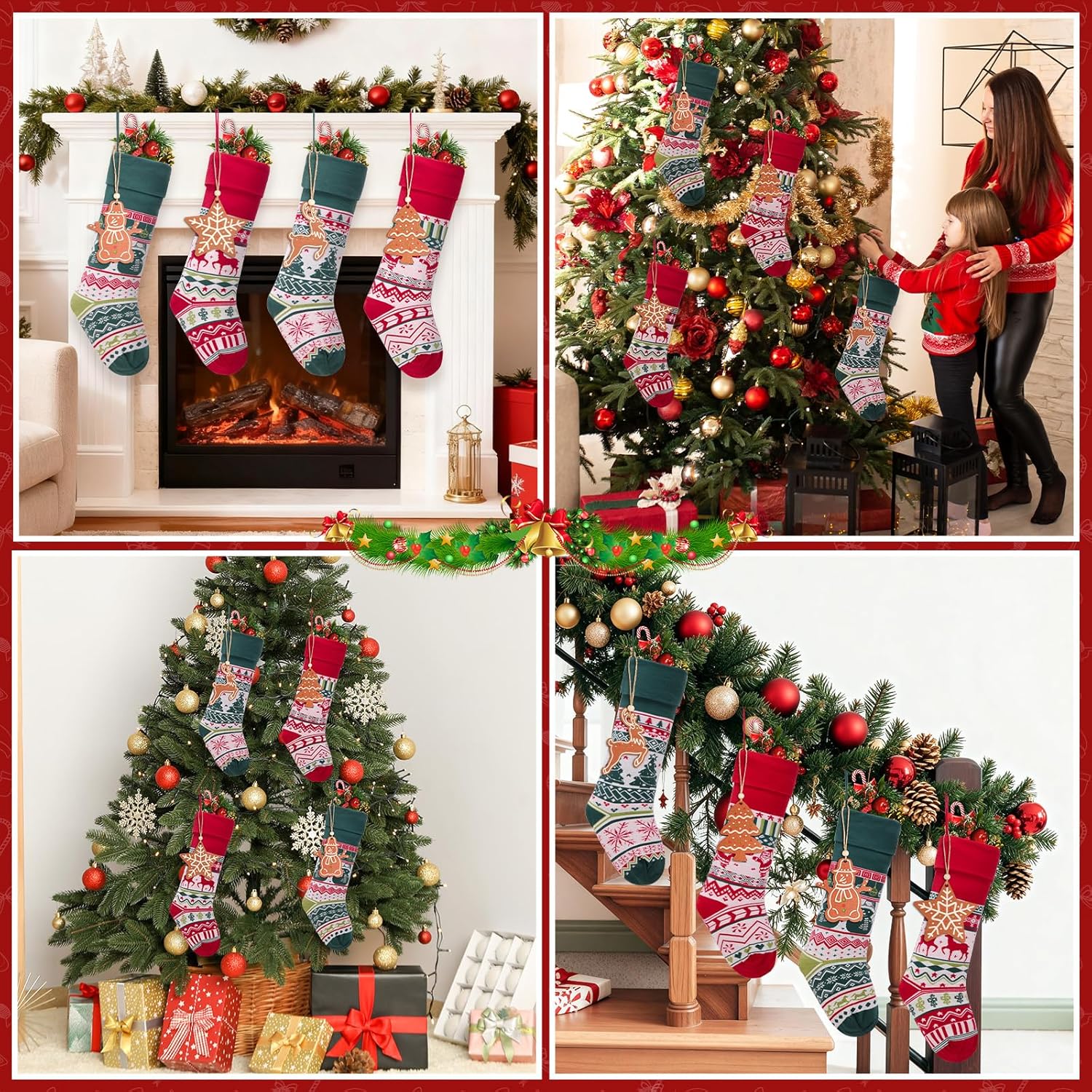 HiPeep Christmas Stockings 4 Pack, 21 Inch Large Family Christmas Stocking, Red and Green Reindeer Snowman Xmas Stocking for Fireplace,Christmas Decorations