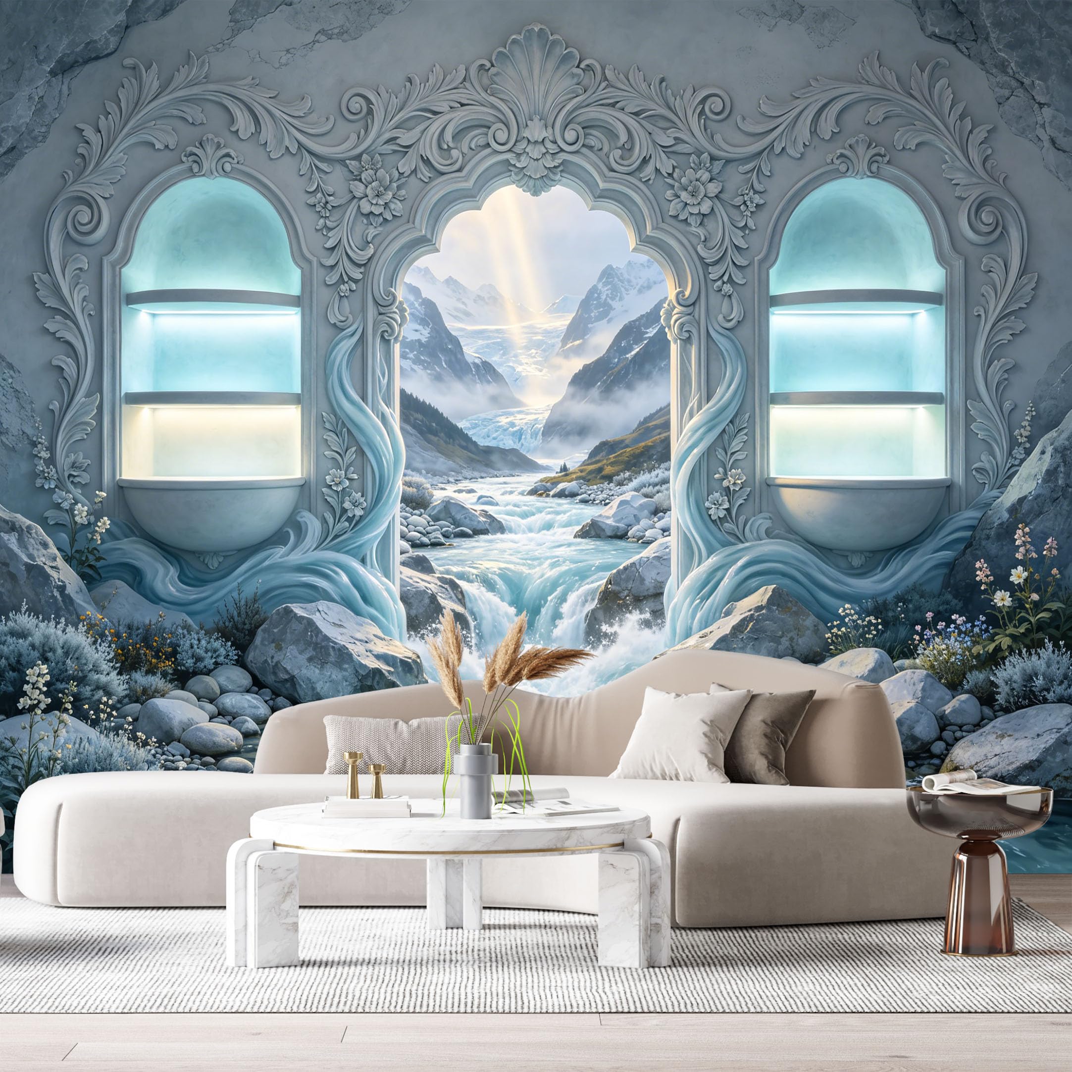 Custom Size Wall Murals Fantasy Stone Archway Mountain River Waterfall 3D Trompe L'Oeil SelfAdhesiveWall Fabric Removable Wallpaper Wall Decor for Living Room Bedroom Bathroom