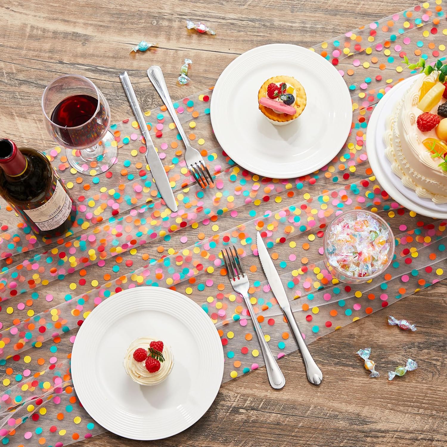 2 Pack Colorful Polka Dot Table Runner 29x120 Inch Confetti Dots Birthday Party Decorations Summer Lace Tulle Table Decor Dining Room Kitchen Holiday Wedding Baby Shower Home Veil Decor