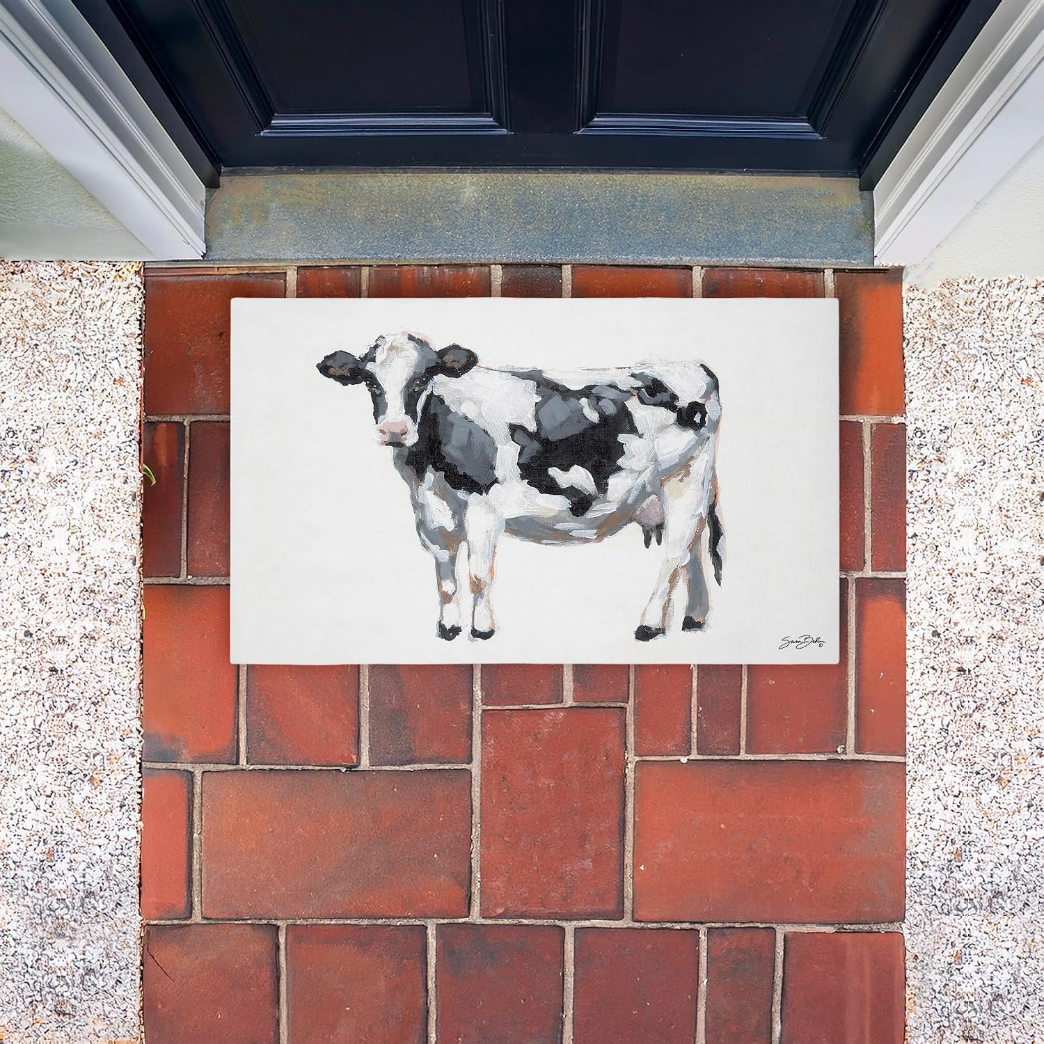 Stupell Industries Simple Farmhouse Cow Outdoor Door Mat, Durable Non-Slip Mat with Recycled Rubber Backing, Weather-Resistant Rustic Cow Design by Sara Baker, 18"x30"