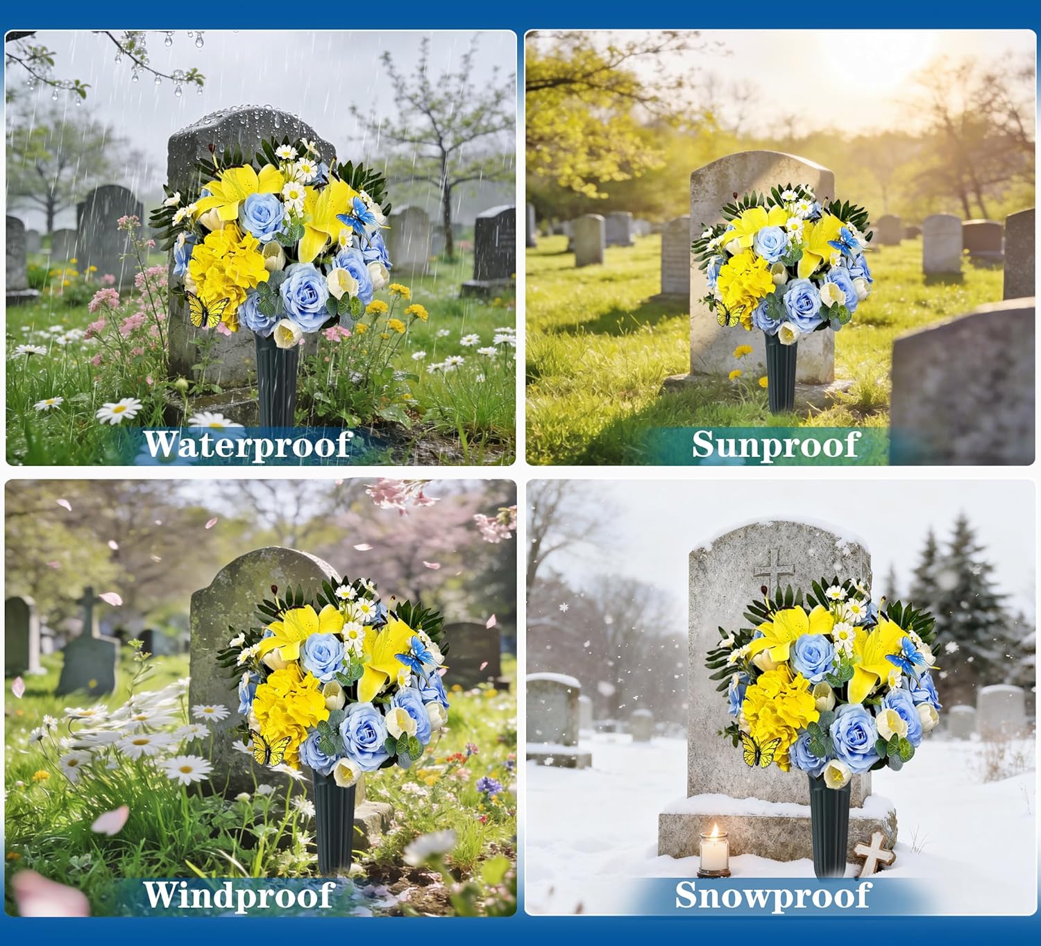Handmade Cemetery Flower Bouquet with Grave Vase for Tombstone Decoration,Non-Bleed Color, Artificial Memorial Flower Arrangement of Rose Lily Daisy and Hydrangea, Blue and Yellow
