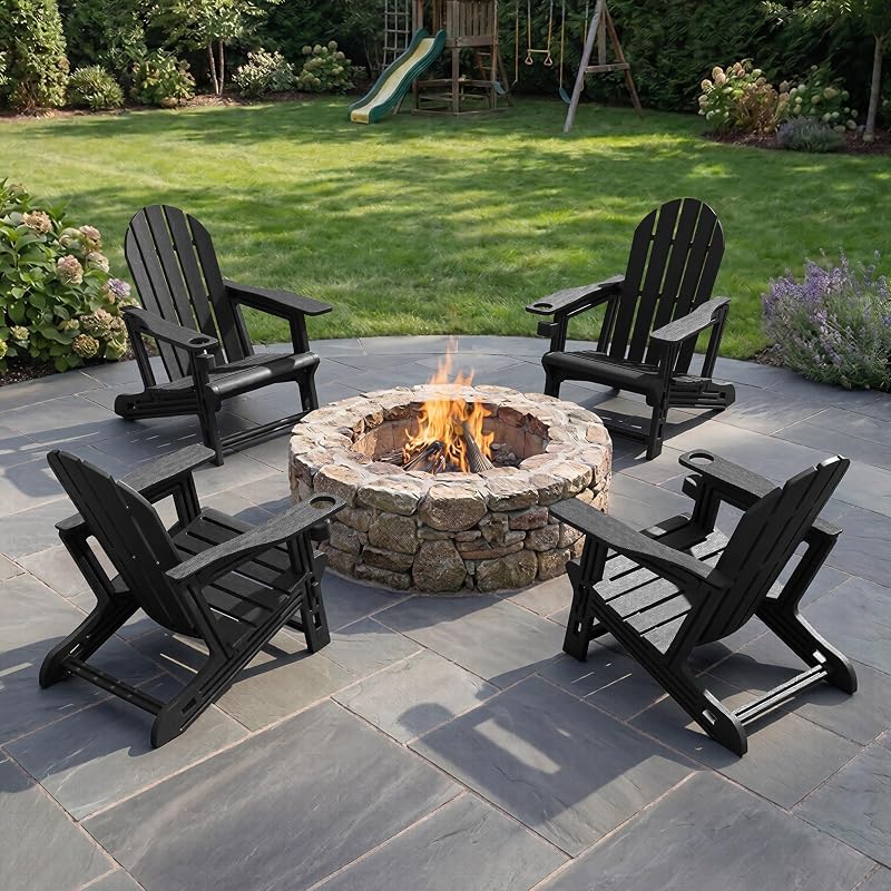 CRESTLIVE Adirondack Chairs, HDPE Outdoor Chairs with Cup Holder | Heavy Duty 380 lbs Capacity, All Weather Wood Texture Fire Pit Chairs, Quick Clip-On Assembly for Patio, Backyard, Black image 2